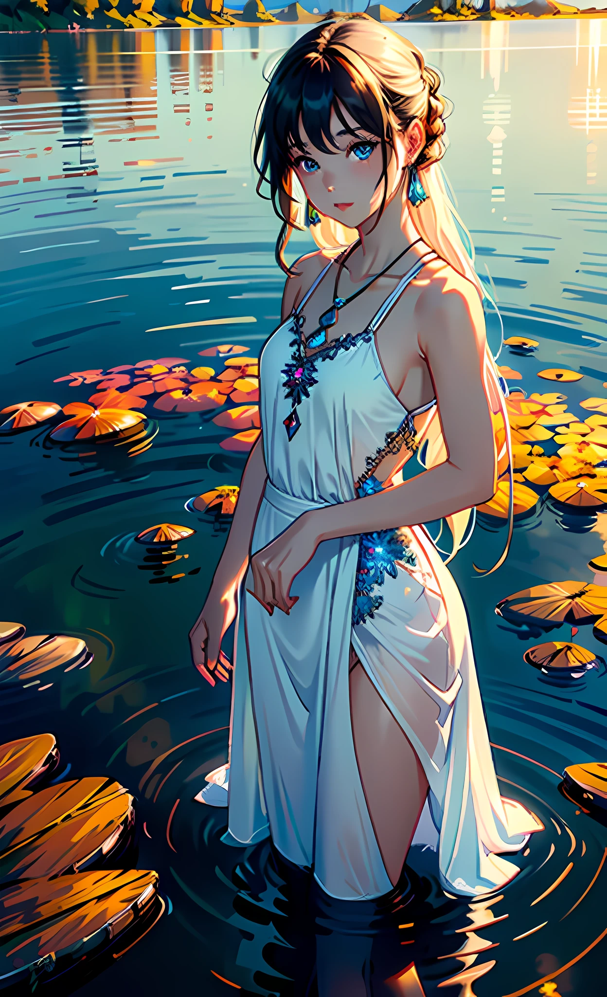 1 girl, serene expression, mesmerizing eyes, straight long hair, flowing dress, poised posture, porcelain skin, subtle blush, crystal pendant
BREAK
golden hour, (rim lighting):1.2, warm tones, sun flare, soft shadows, vibrant colors, painterly effect, dreamy atmosphere
BREAK
scenic lake, distant mountains, willow tree, calm water, reflection, sunlit clouds, peaceful ambiance, idyllic sunset, ultra detailed, official art, unity 8k wallpaper
, zentangle, mandala