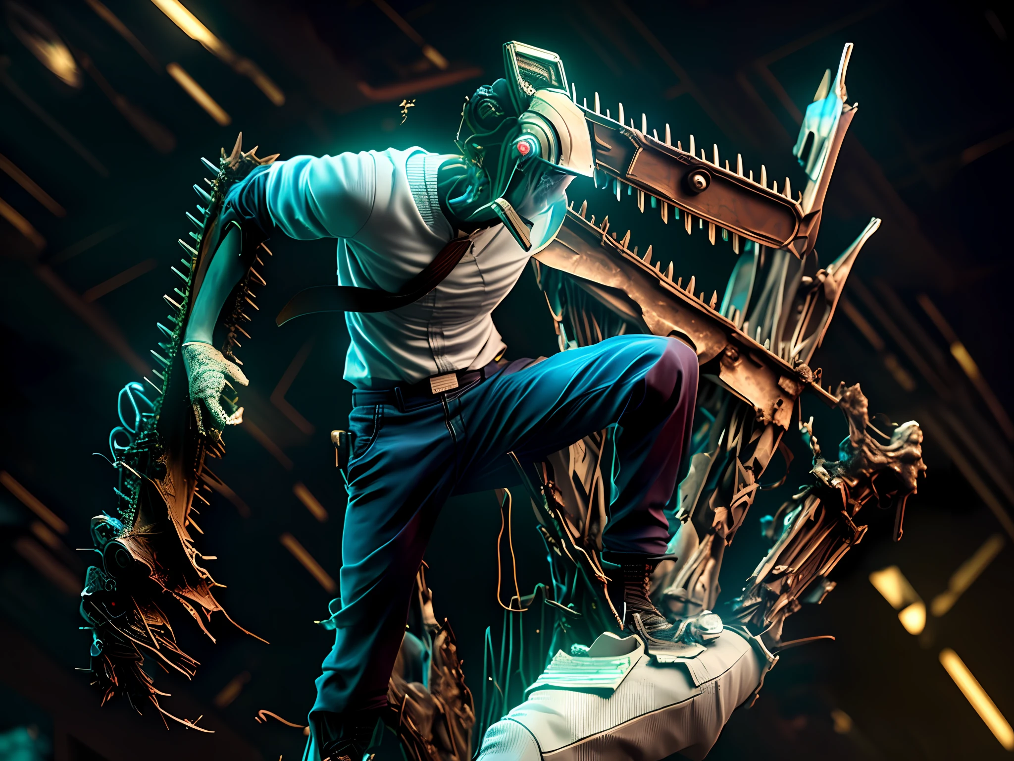 ((Best quality)), ((masterpiece)), (detailed: 5.0), 3D, a cyberpunk chainsawman image, HDR (high dynamic range), ray tracing, NVIDIA RTX, super resolution, unreal 5, subsurface scattering, PBR texturing, post-processing, anisotropic filtering, depth of field, maximum clarity and sharpness, multi-layer textures, albedo and specular maps, surface shading, accurate simulation of light-material interaction, perfect proportions, render octane, two-tone lighting, wide aperture, low ISO, white balance, rule of thirds, 8K RAW,