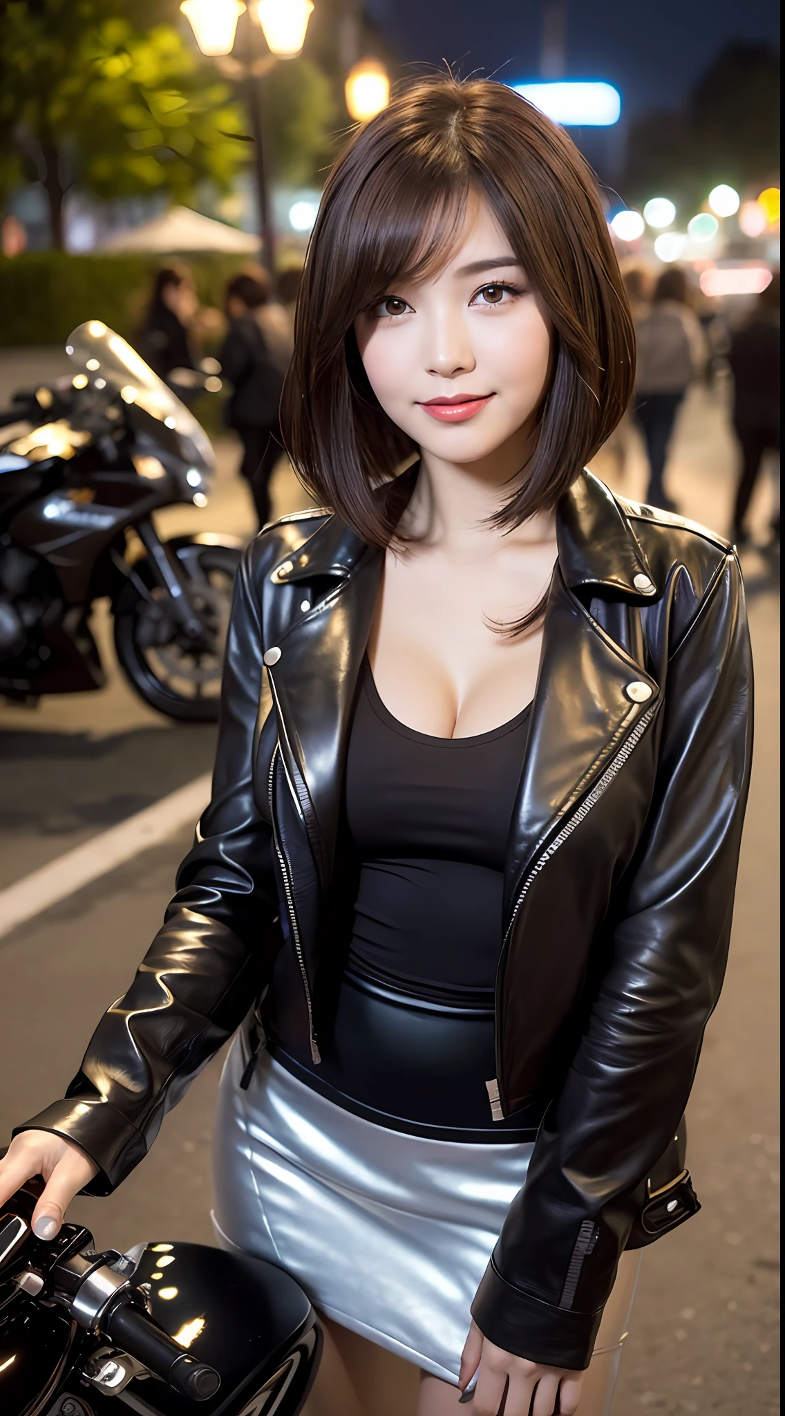 ((natural night lighting, 8k, top quality, masterpiece: 1.3)), (realistic, crisp focus: 1.2), very delicate and very cute woman: 1.4, ((one girl)), (straddling a motorcycle, straddling a motorcycle, riding a motorcycle), perfect style, ultra detailed, high resolution, (tight skirt, leather riders jacket: 1.1), ( Dark brown hair, medium short, layer cut hair: 1.2), cleavage, (big, full body: 1.3), very detailed face and skin texture, highly detailed lip texture, red lips, beautiful detailed eyes, smile, shiny lips, eye makeup, street, night, realistic shadows, angle from behind