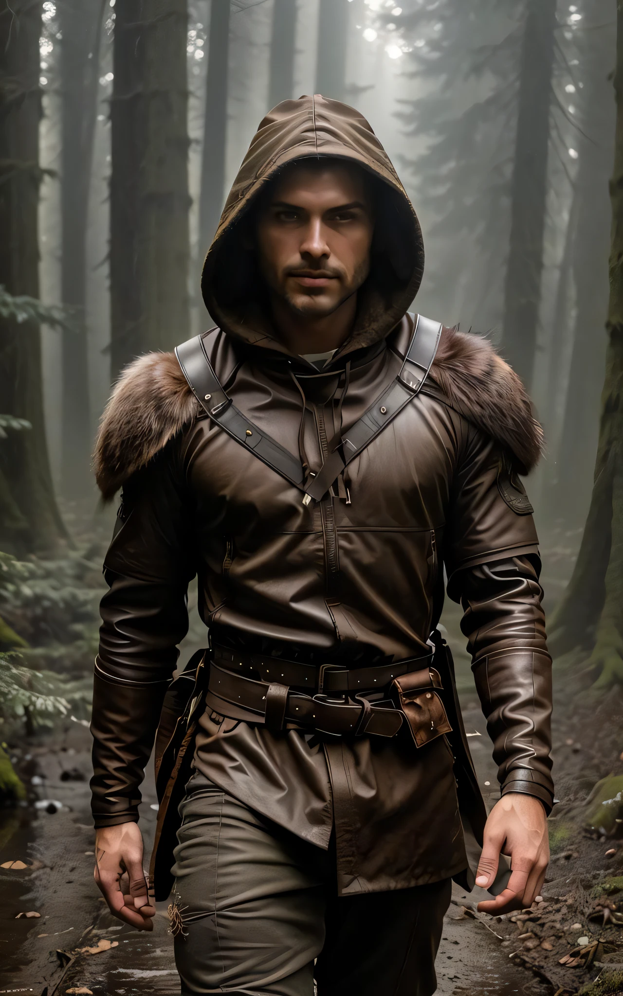 (Award Winning Photo:1.3) of (Masterpiece:1.3), a man, ranger in rainy wood, fur hooded, leather armor with backpack (high detailed skin:1.2), 8k, uhd, dslr, soft lighting, high quality, film grain, Fujifilm XT3, epic, intricate details, hyperdetailed, Highly Detailed