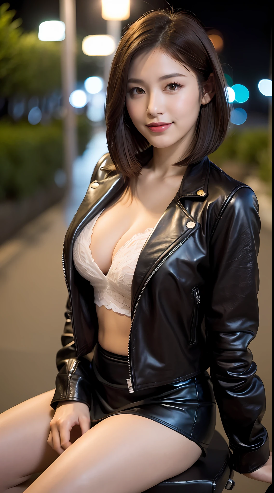 ((natural night lighting, 8k, top quality, masterpiece: 1.3)), (realistic, crisp focus: 1.2), very delicate and very cute woman: 1.4, ((one girl)), (straddling a motorcycle, straddling a motorcycle, riding a motorcycle), perfect style, ultra detailed, high resolution, (tight skirt, leather riders jacket: 1.1), ( Dark brown hair, medium short, layer cut hair: 1.2), cleavage, (big, full body: 1.3), very detailed face and skin texture, highly detailed lip texture, red lips, beautiful detailed eyes, smile, shiny lips, eye makeup, street, night, realistic shadows, angle 
