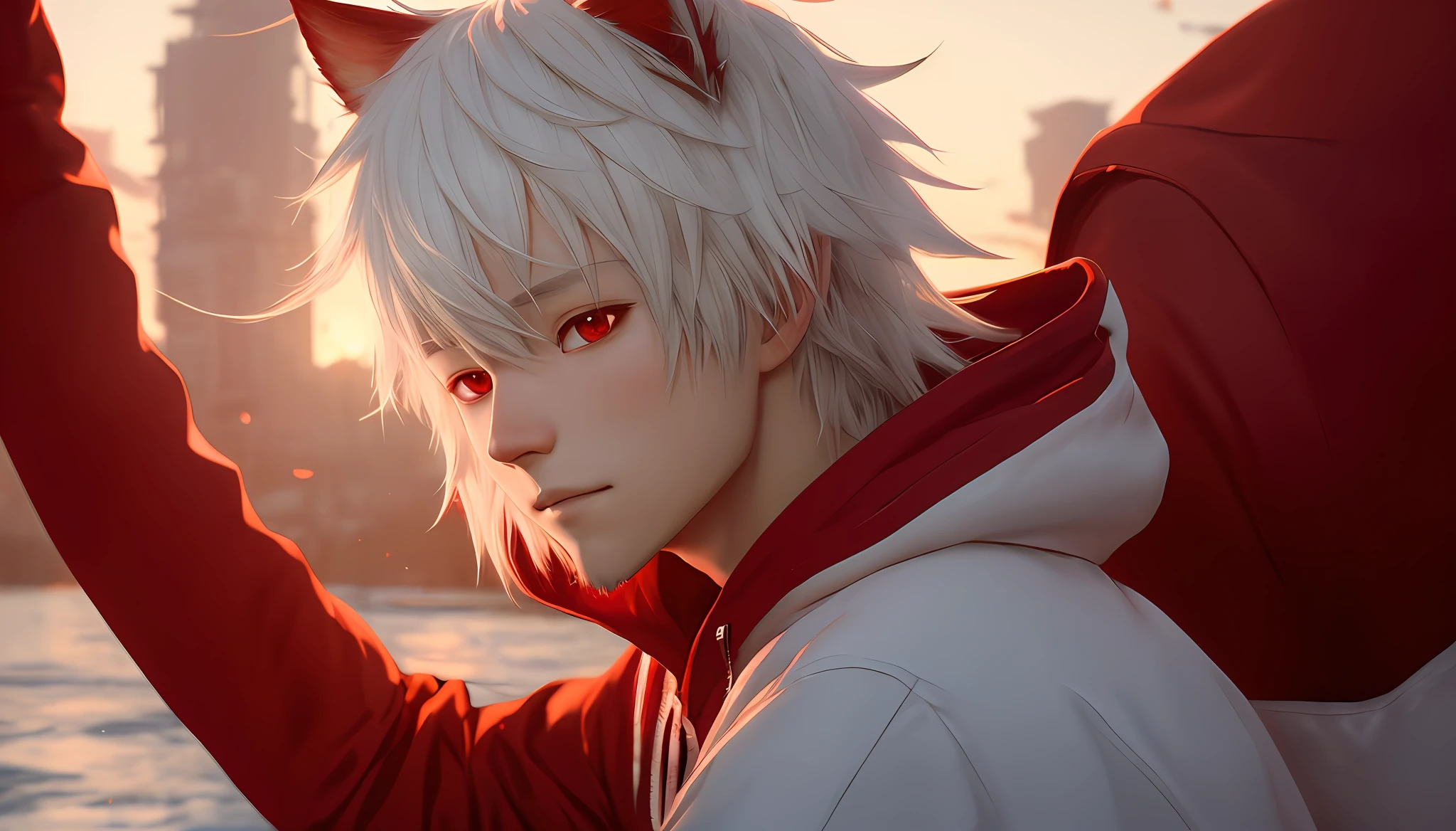 a beautiful bodyshot portrait of a cute BOY anime with shaggy white hair and wearing a red hoodie. Hairy cat ears. hairy tail. red eyes. Character design by Cory Loftis, Fenghua Zhong, Ryohei Hase, Ismail Inceoglu and Ruan Jia. artstation, volumetric light, detailed, photorealistic, fantasy, rendered in octane enlarged image, full body, white and red clothing, white boots, lake in the background with a sunset, ray tracing