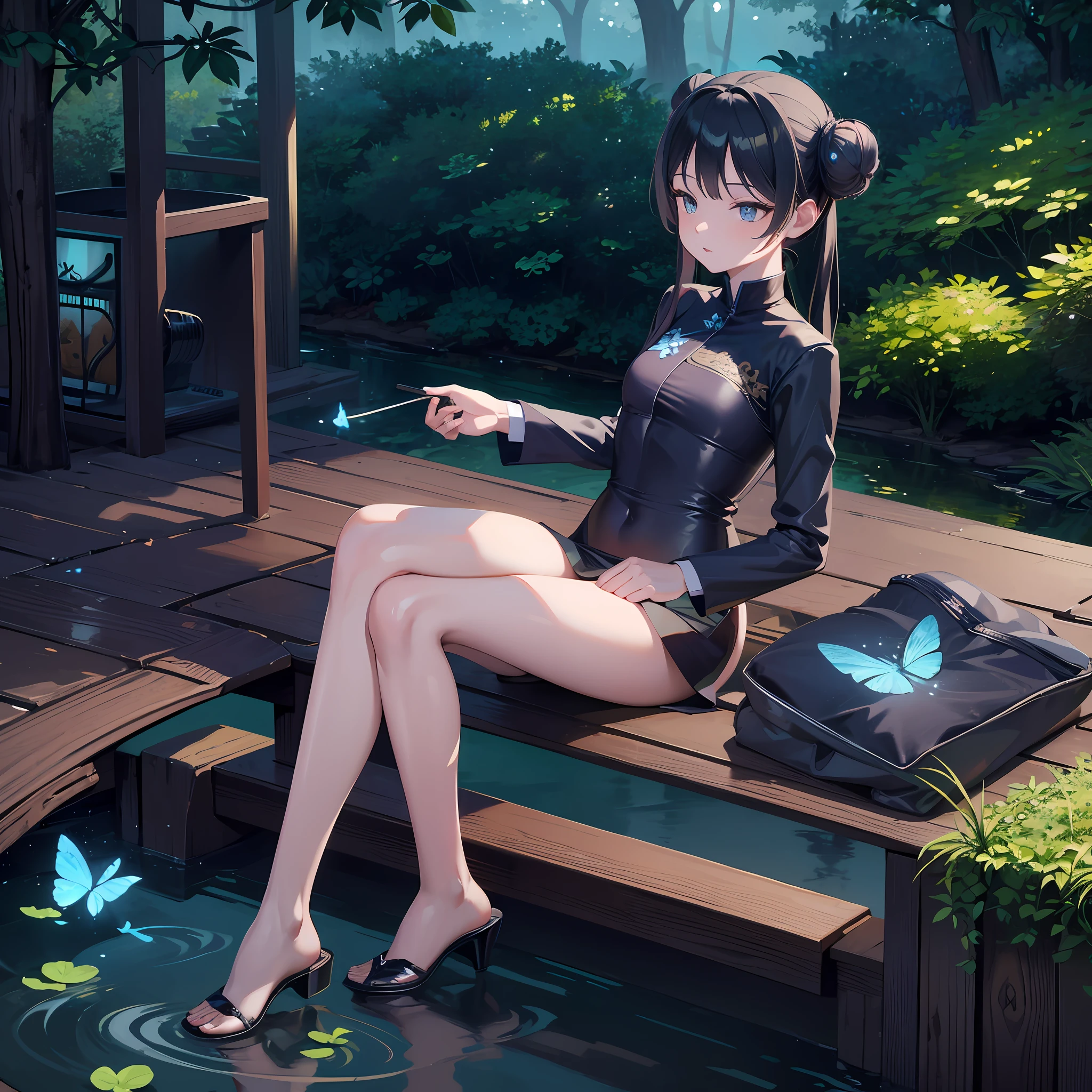 Masterpiece, highest quality, stunning reflection, best reflection ever. Forest theme with (highly detailed CG Unity 8K wallpapers), (best quality), (best illustrations), (best shadows), natural elements. tall trees, quiet streams, fireflies and glowing particle effects, (natural elements), (leaves), (twigs), butterflies, (delicate) leaves, (glow), (particle effects). , isometric 3D, octane rendering, ray tracing, ultra detail, sitting, looking here, from the knee up,