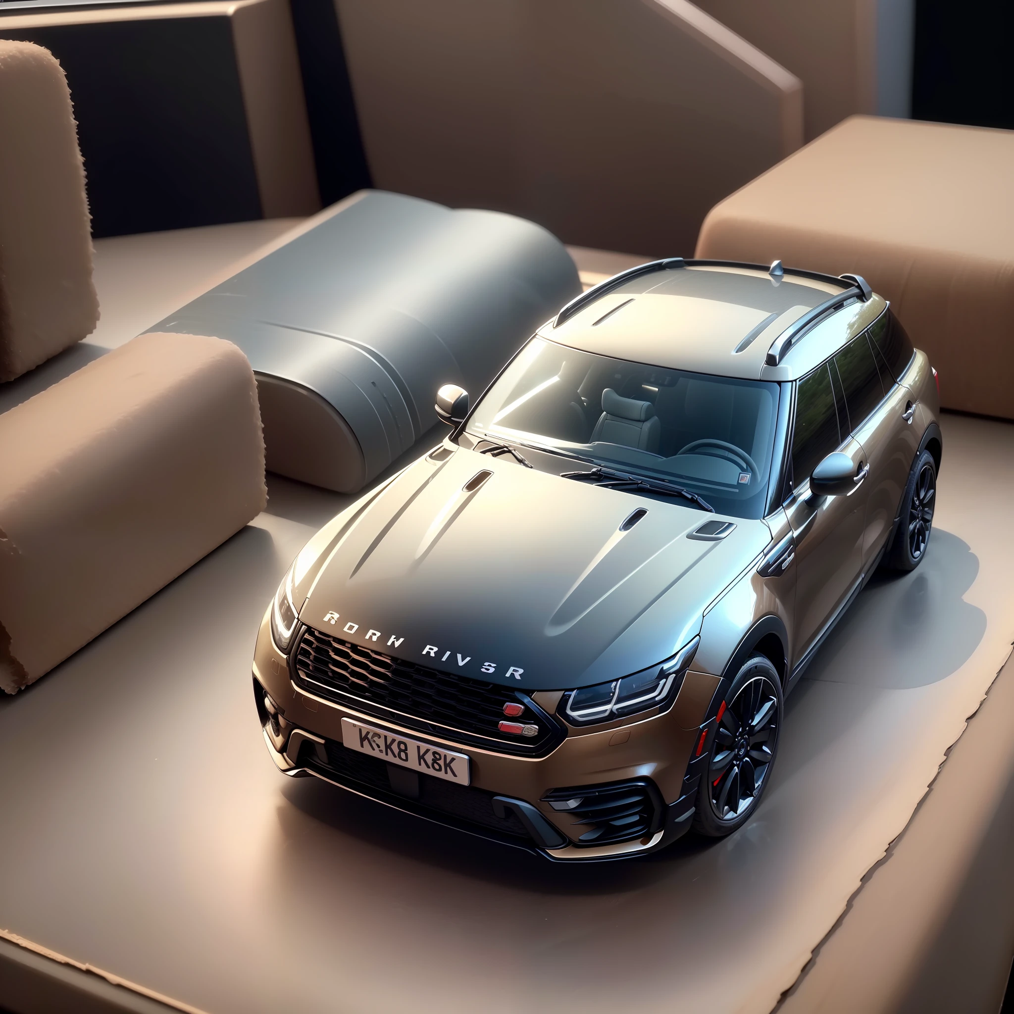 mini\(ttp\), (8k, RAW photo, best quality, Perfect detail,masterpiece:1.5),miniature range rover velar (1.3),isometric, miniature, landscape on foundation,landscape,(on desk:1.3),