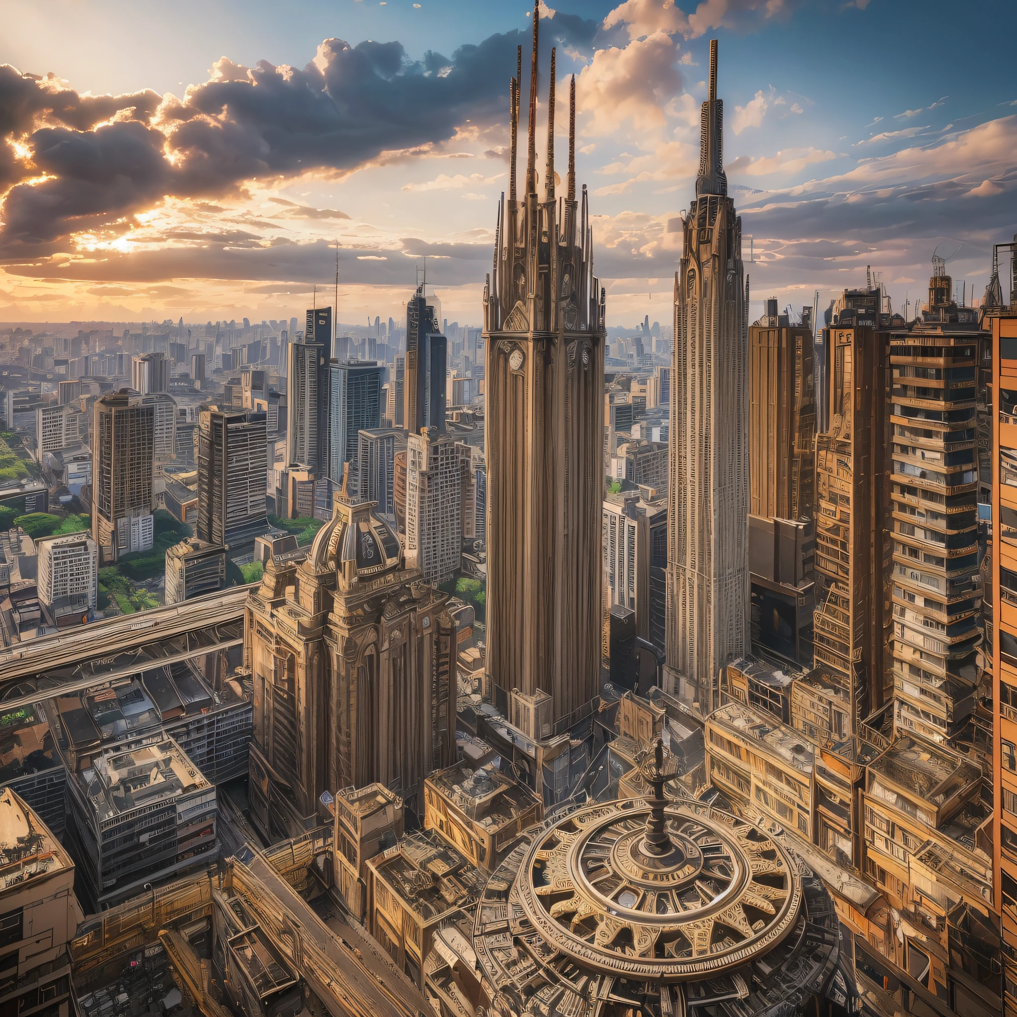 (best quality), masterpiece, steampunk style image of São Paulo, dynamic scenery, camera at a dynamic angle, people with clothes appropriate for the steampunk style, the sky is full of clouds, there is a lot of smoke and gears, the colors present a strong contrast. --auto --s2