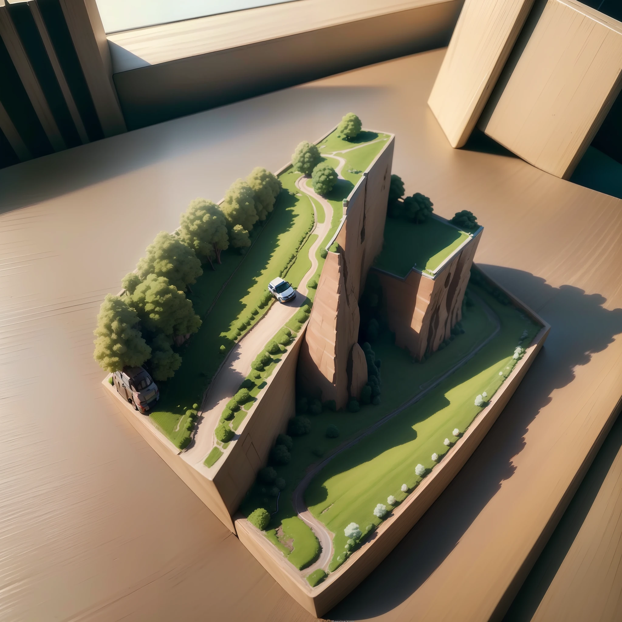 mini\(ttp\), (8k, RAW photo, best quality, Perfect detail,masterpiece:1.5),miniature range rover velar (1.3),isometric, miniature, landscape on foundation,landscape,(on desk:1.3),