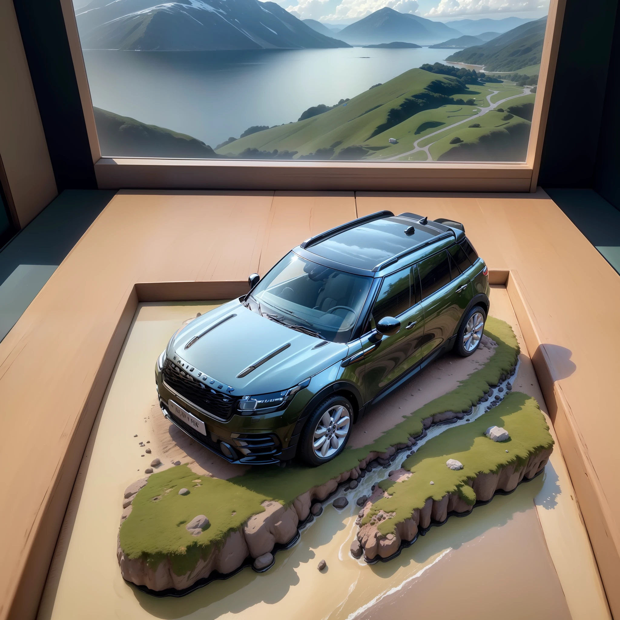 mini\(ttp\), (8k, RAW photo, best quality, Perfect detail,masterpiece:1.5),miniature range rover velar (1.3),isometric, miniature, landscape on foundation,landscape,(on desk:1.3),