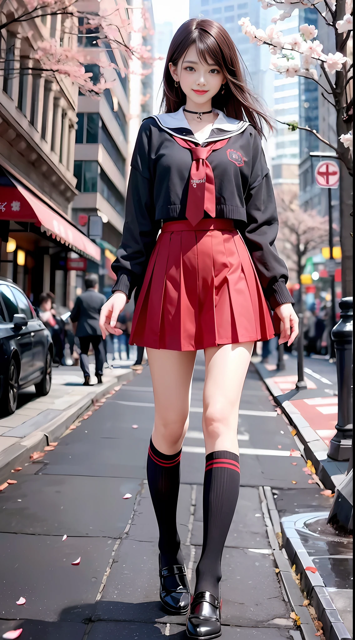 Masterpiece, Superb Piece, Full Body, 1girl, Bangs, Red Choker, Red Tie, Black Hair, Red Skirt, Blush, Bracelet, Beautiful Breast, Collared, Collared Shirt, Sailor Suit, Pierced Ears, Eyebrows Visible Through Hair, Gradient Hair, Grin, Gyaru, Jewelry, Kogal, Long Hair, Looking at the Audience, Loose Tie, Tie, Piercing, Sailor Skirt, Red Eyes, Ring, School Uniform, Smile, Solo, Street, Sky, Cherry Blossoms, Petals, Illustrations, (Magazine: 1.3), (Cover Style: 1.3), Fashion, Woman, Vitality, Dressing, Posing, Front, Colorful, Dynamic, Background, Element, Confident, Expressive, Holding, Statement, Attachment, Majestic, Coiled, Surround, Touch, Scene, Text, Cover, Bold, Eye-catching, Title, Fashion, Font, Catchy, Title, Bigger, Eye-catching, Modern, Fashionable, Focused