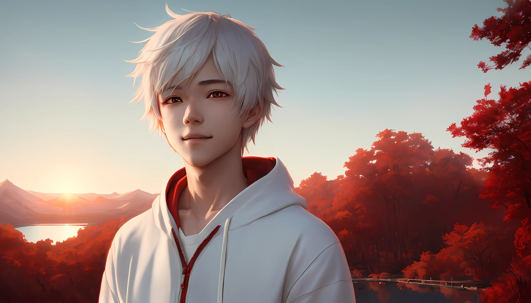 a beautiful bodyshot portrait of a cute BOY anime with shaggy white hair and wearing a red hoodie. red eyes. Smiling face. Character design by Cory Loftis, Fenghua Zhong, Ryohei Hase, Ismail Inceoglu and Ruan Jia. artstation, volumetric light, detailed, photorealistic, fantasy, rendered in octane, wearing a white pants, white boots with red details, with a lake is a sunset in the background, ray tracing