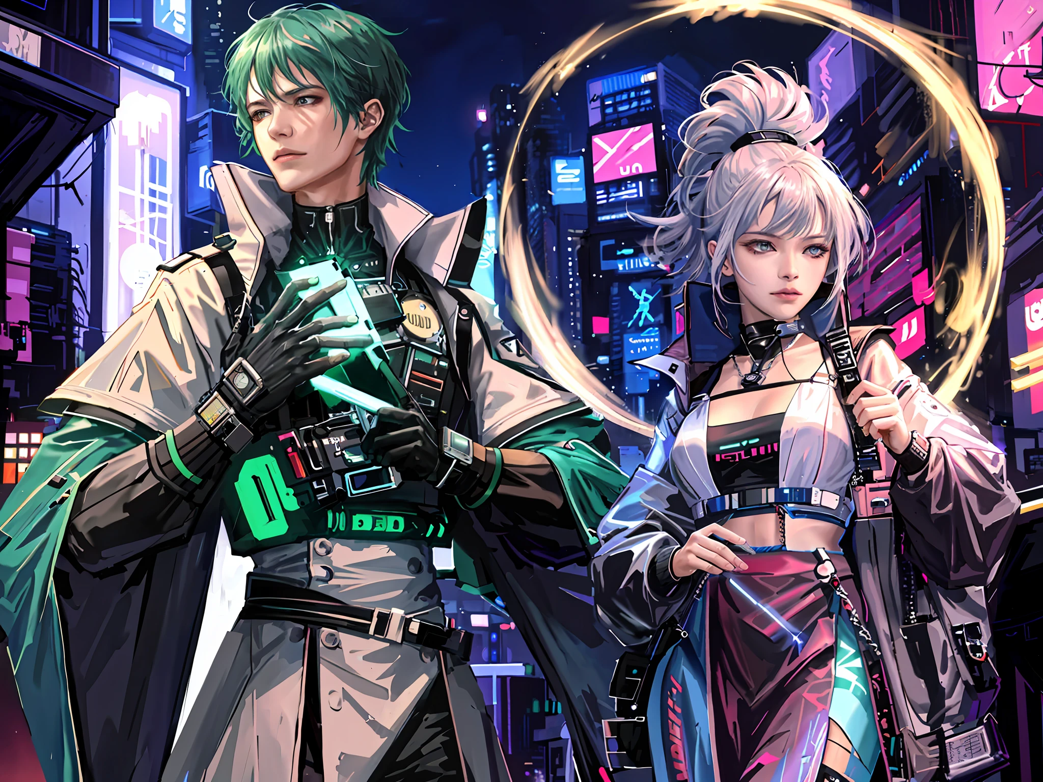 Cyberpunk, Two People, Movie Poster, Black City by Night, Futuristic, Surreal, Ultra Wide Angle, Wide Angle Lens, Looking Up, Dynamic Movement, Expressive, Vibrant, Divine Cinematic Edge, Laser Hologram