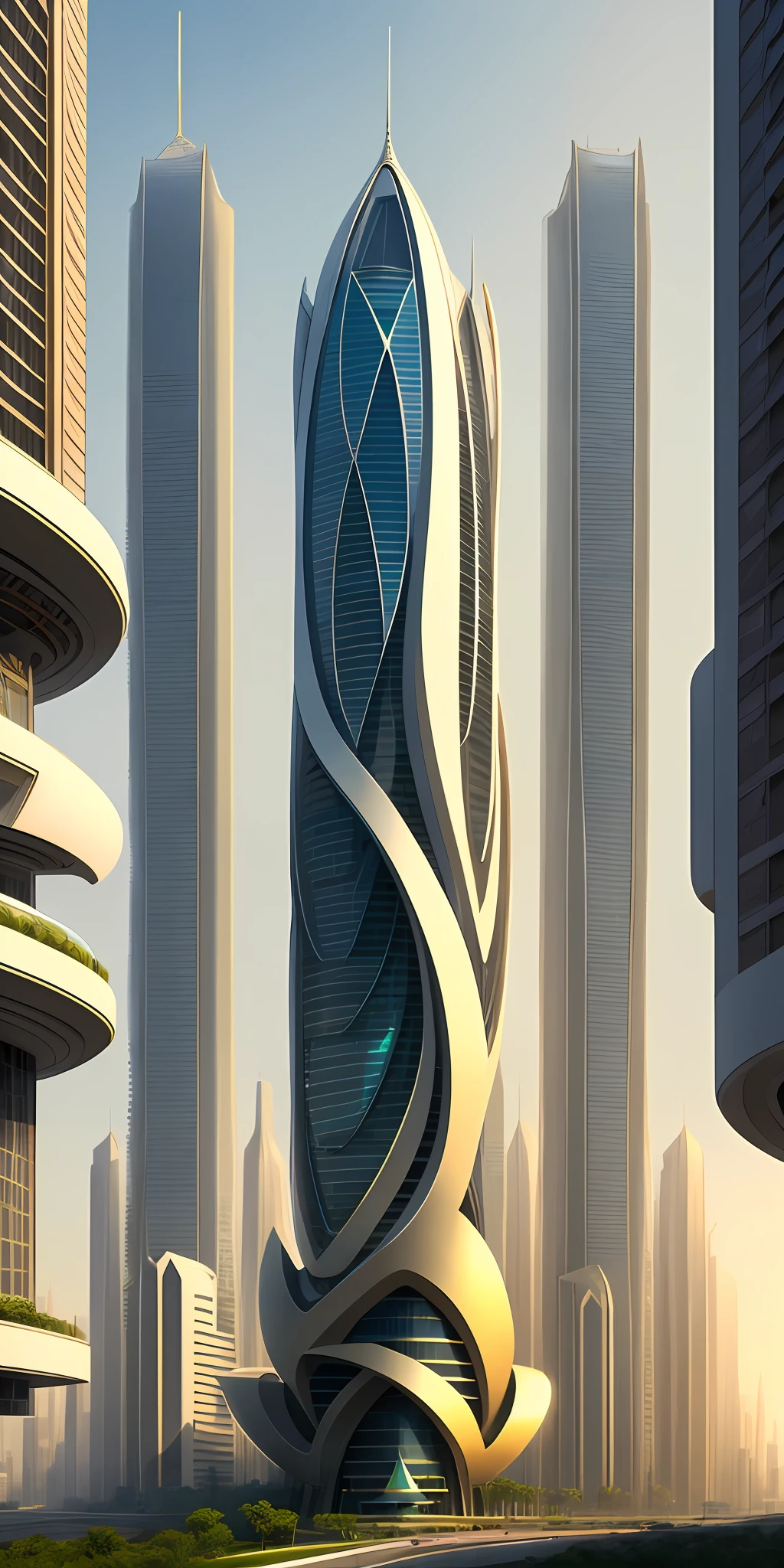 A tall building in a futuristic city designed by Zaha Hadid, a futuristic building, a modern building, sidewalks around the building, imagination, a fusion between the future and the past, hanging gardens, the hanging gardens of Babylon, sustainability, future technology, architectural creativity, new culture, self-sufficiency, the golden ratio, a beautiful building in the middle of the image, a blurry background, one building, spread, natural colors, calm colors, masterpiece, art, better resolution