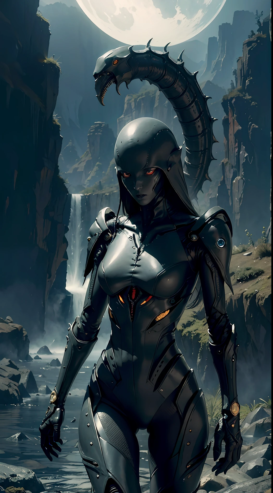 Beautiful Female Xenomorph, photorealistic style, creature, sci-fi, dark, sleek texture, shiny exoskeleton, biomechanical design, elongated head, elongated jaw, sharp teeth, piercing black eyes, slender body, biomechanical tail, translucent membrane, eerie atmosphere, lush alien landscape, vibrant flora, mysterious rock formations, atmospheric lighting, cascading waterfalls, ethereal mist, distant alien sky, captivating celestial bodies
