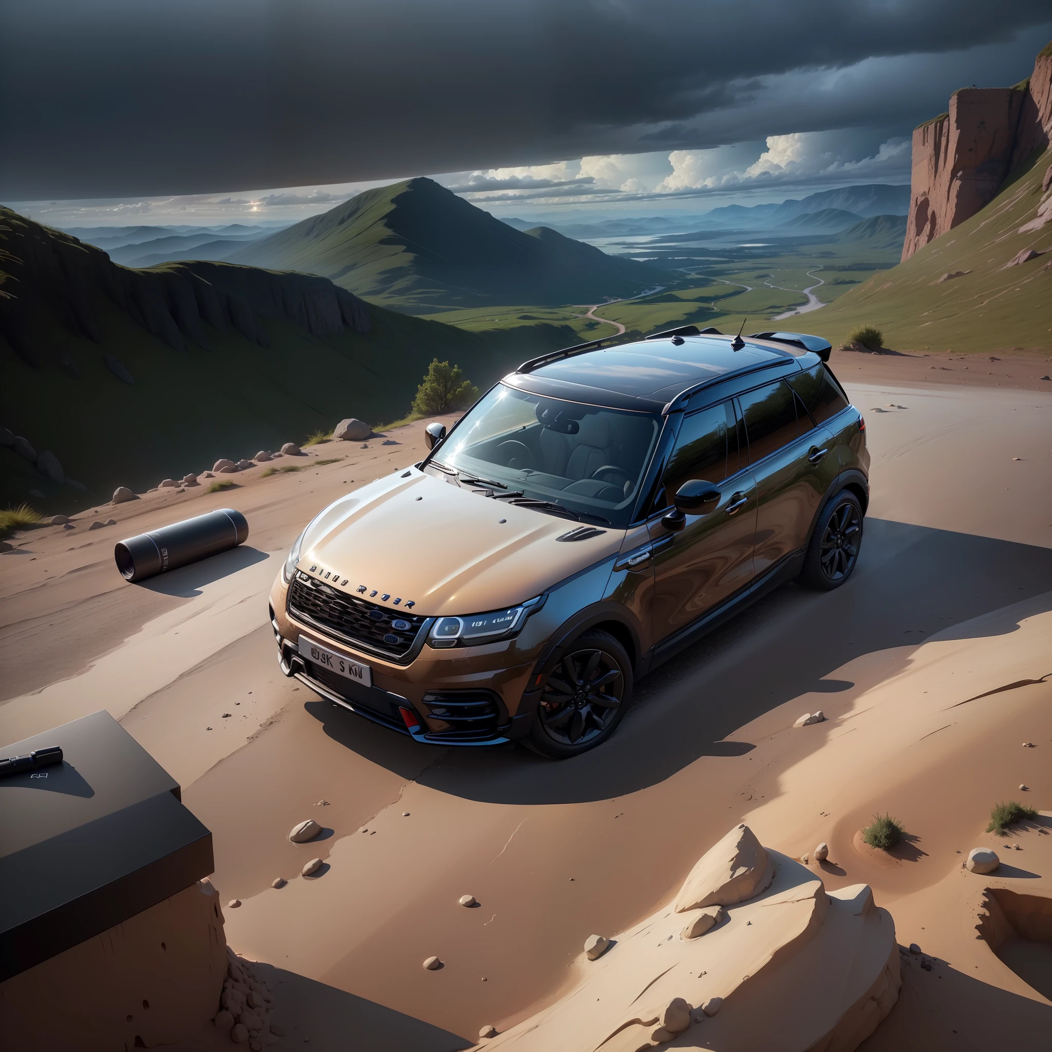mini\(ttp\), (8k, RAW photo, best quality, Perfect detail,masterpiece:1.5),miniature range rover velar (1.3),isometric, miniature, landscape on foundation,landscape,(on desk:1.3), rain, lightning strikes, explosions