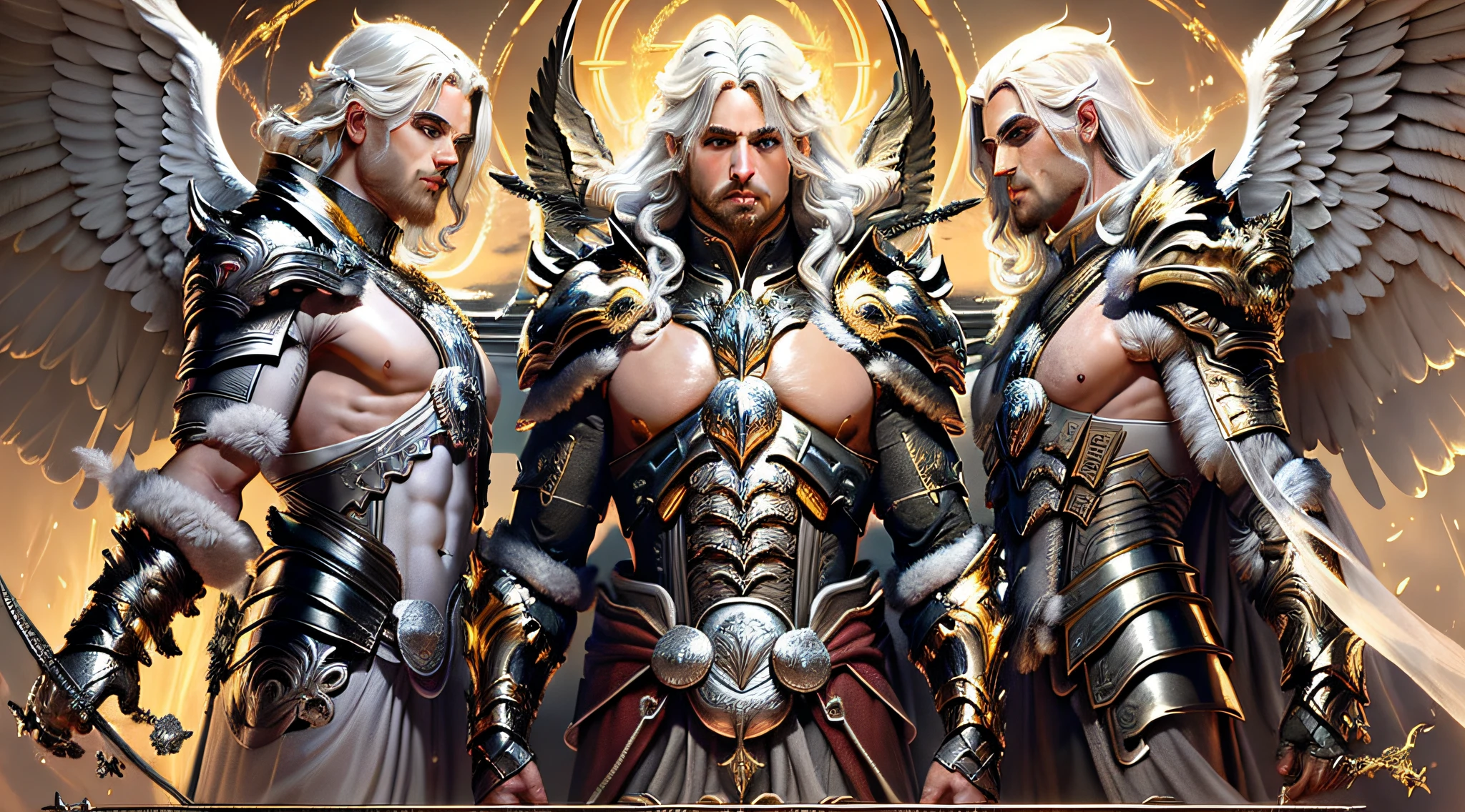 Close-up of 3 angels (Male), (three imposing male angels), with white hair and wings, with white heavenly armor and golden details, majestic angels with a full body, male halo, archangel, --v 6