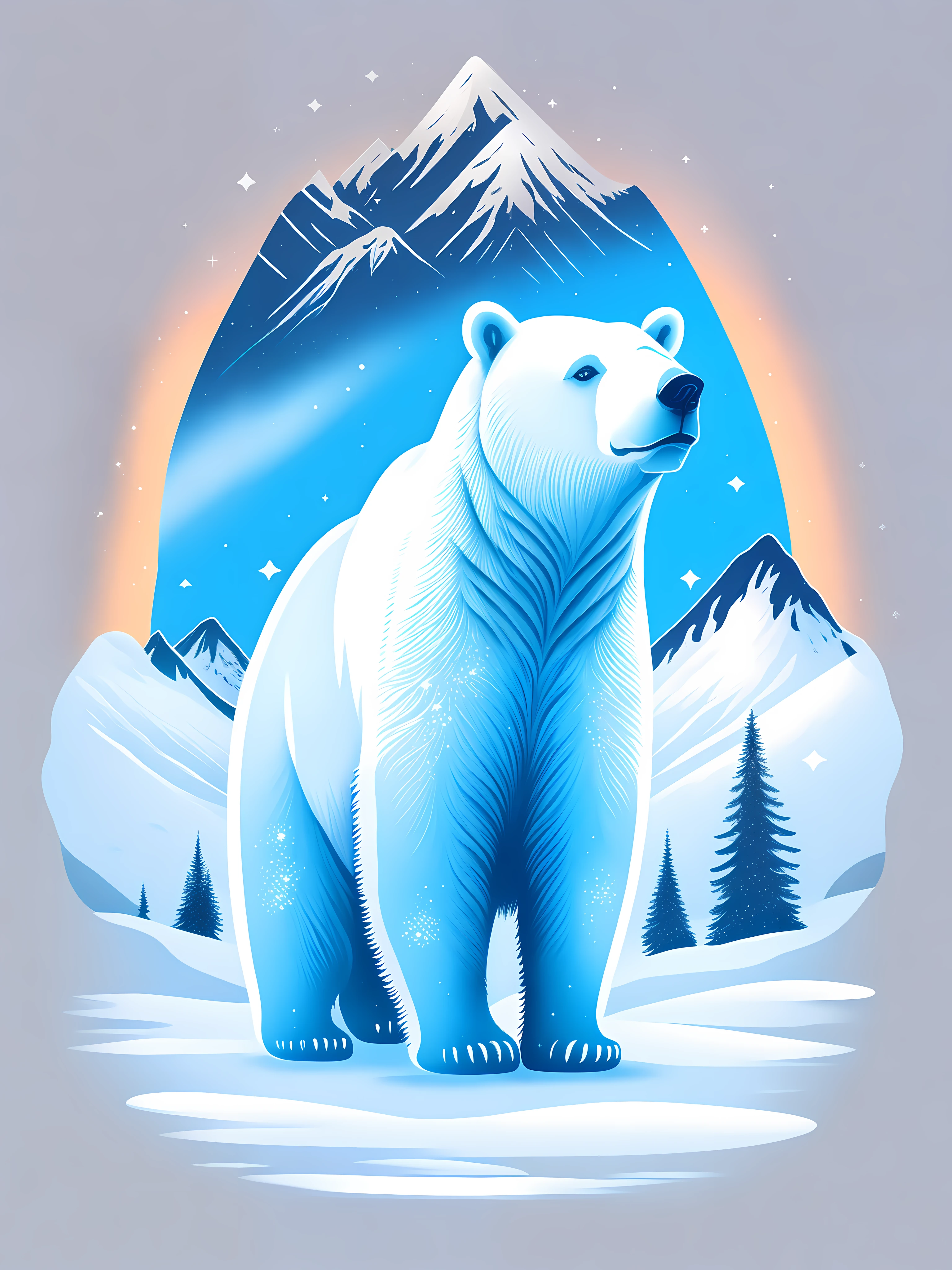 A polar bear, winter landscape, T-shirt design, rzminjourney, vector art