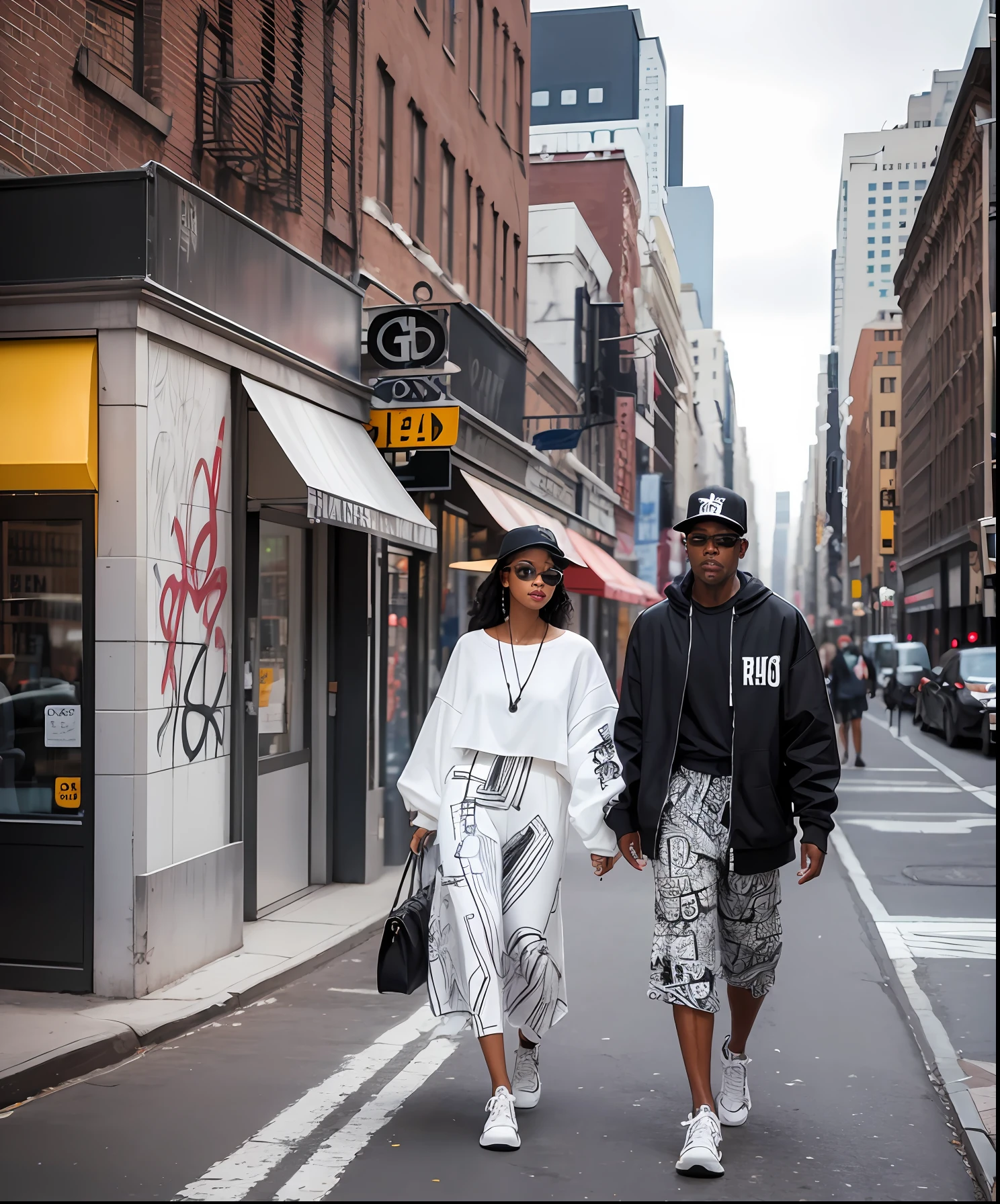 1woman, walking on the street of New York, fashion, graffiti (sketch in colored ink black man and white woman) --auto --s2