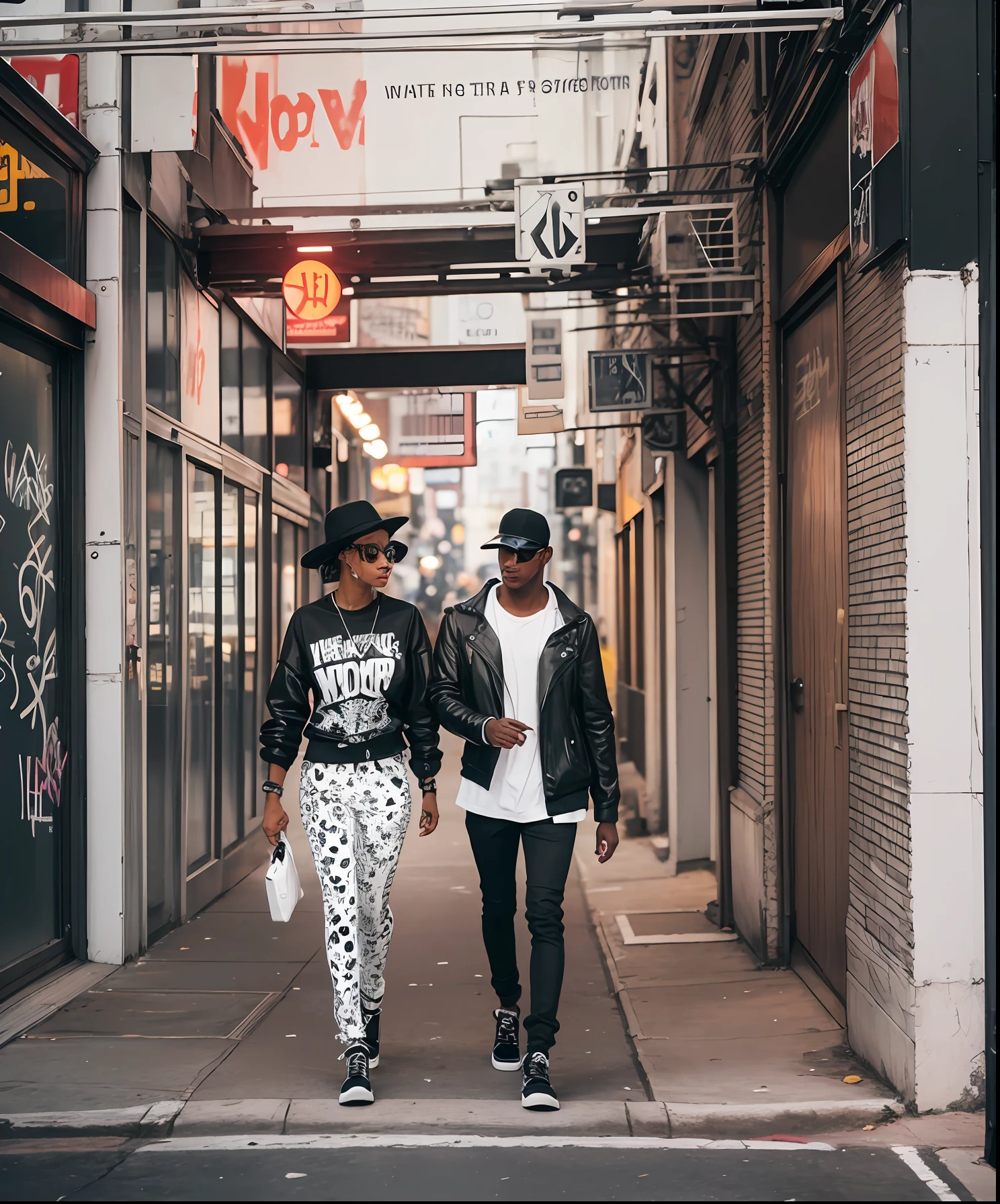 1woman, walking on the street of New York, fashion, graffiti (sketch in colored ink black man and white woman) --auto --s2