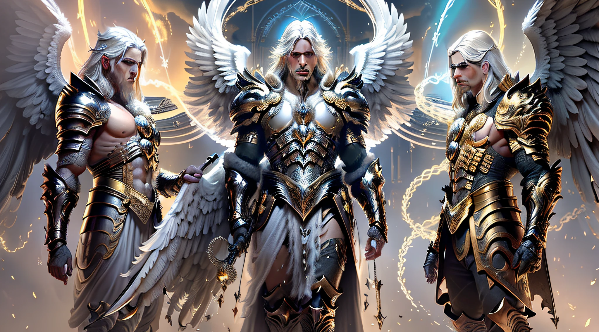 Close-up of 3 angels (Male), (three imposing male angels), with white hair and wings, with white heavenly armor and golden details, majestic angels with a full body, male halo, archangel, --v 6