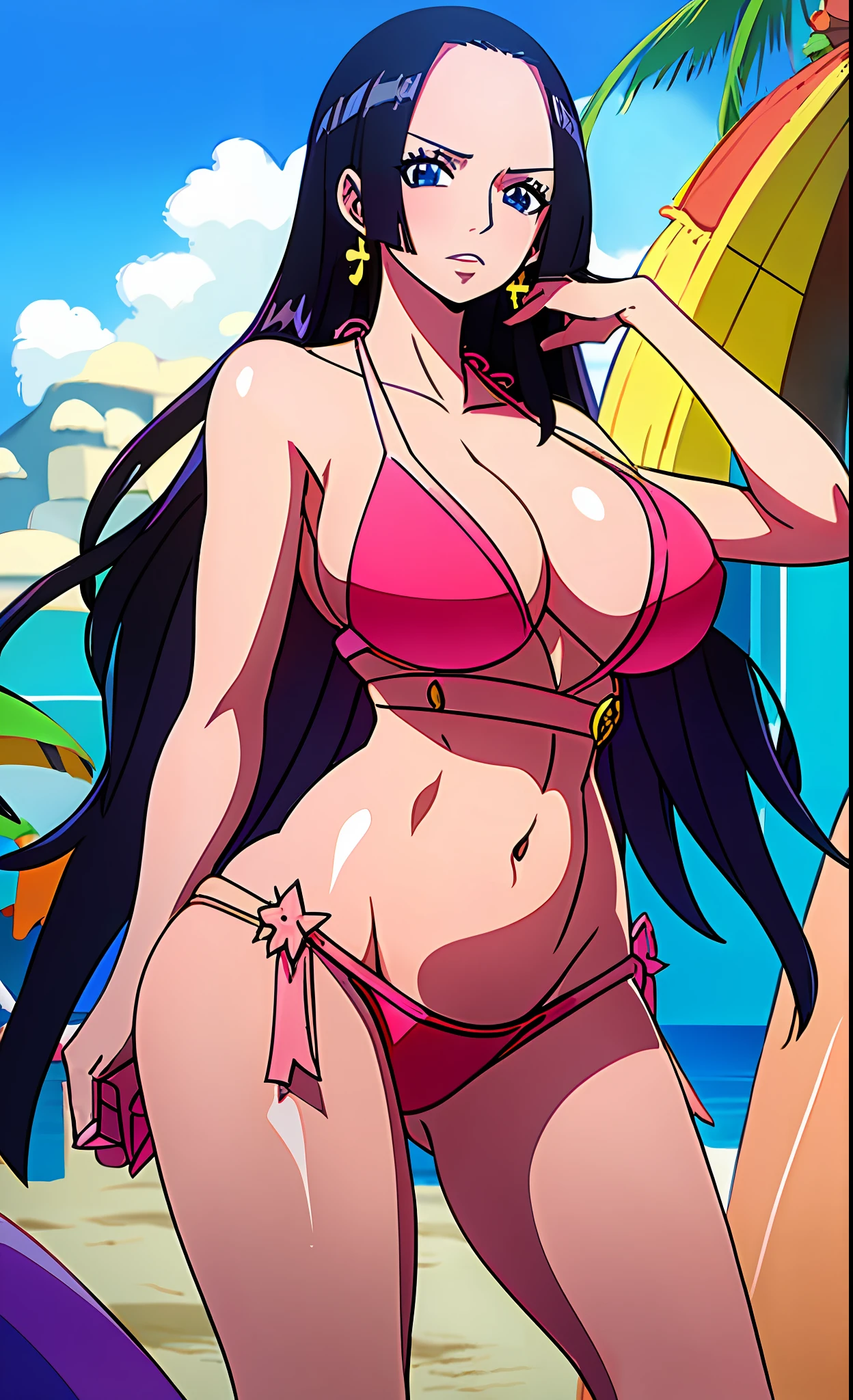 Hancock1, (masterpiece:1.5, best quality), ( pink bikini:1.5), huge breasts, standing, cowboy_shot, (beach:1.5), looking_at_viewer, (mature woman), black long hair, front pov
