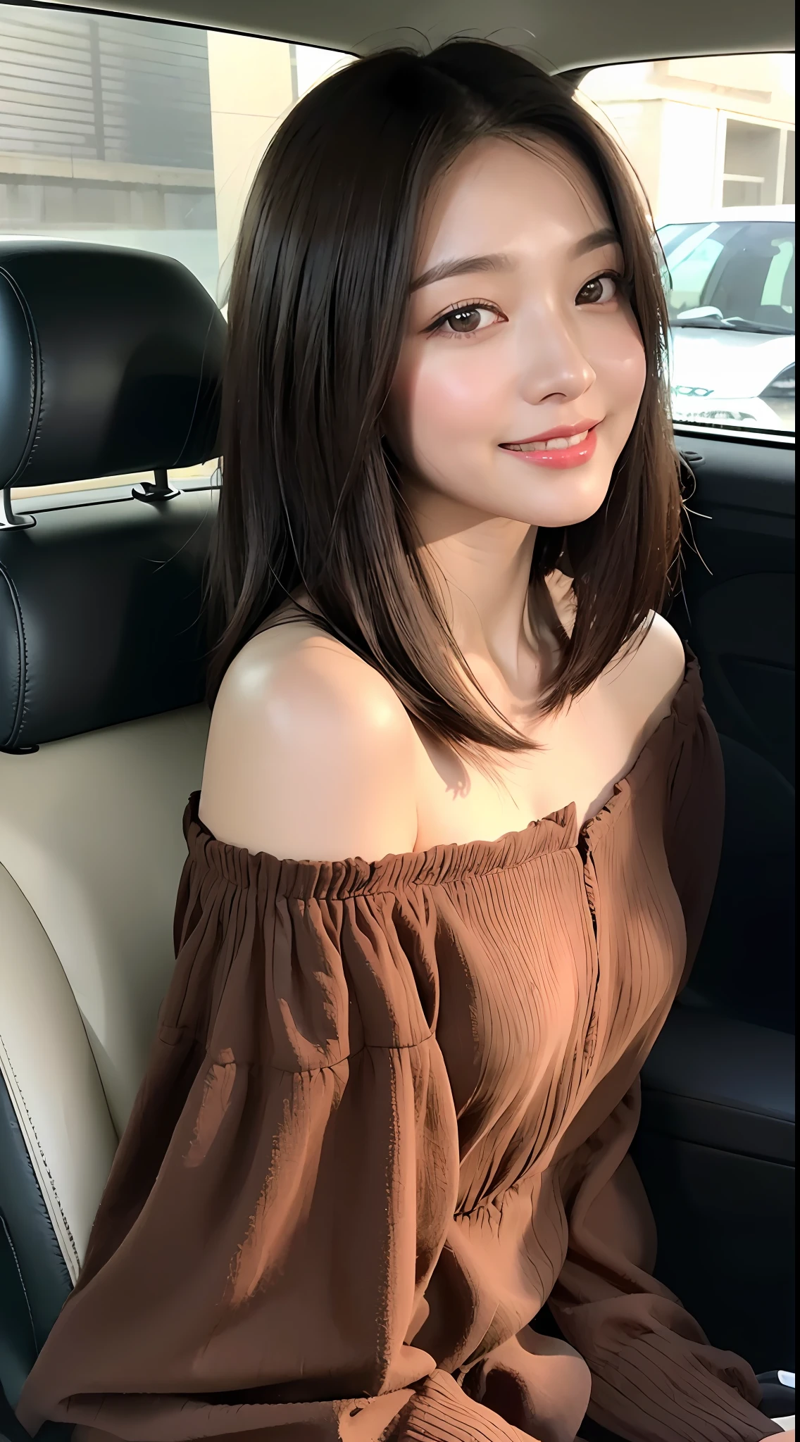 ((natural night lighting, 8k, top quality, masterpiece: 1.3)), (realistic, crisp focus: 1.2), very delicate and very cute woman: 1.4, ((one girl)), (sitting in the car, riding in the car, passenger seat), perfect style, ultra-detailed, high resolution, (tight skirt, off-shoulder: 1.1), (dark brown hair, medium short, Layer Cut Hair: 1.2), cleavage, (big, full body: 1.3), very detailed face and skin texture, highly detailed lip texture, red lips, beautiful detailed eyes, smile, shiny lips, eye makeup, car interior, night, realistic shadows, angle from the side