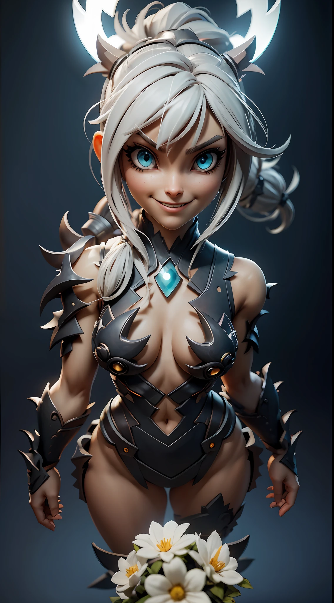 Sexy female troll, full body, furry body, muscle body, white hair, split ponytail, halo, flower on head, aqua eyes, heart-shaped eyes, pointy ears, grin, crazy, Pixar, high detail, backlighting, ray tracing, depth of field, close-up, bokeh, Canon, UHD, high details, anatomically correct, super detail, 8k, best quality