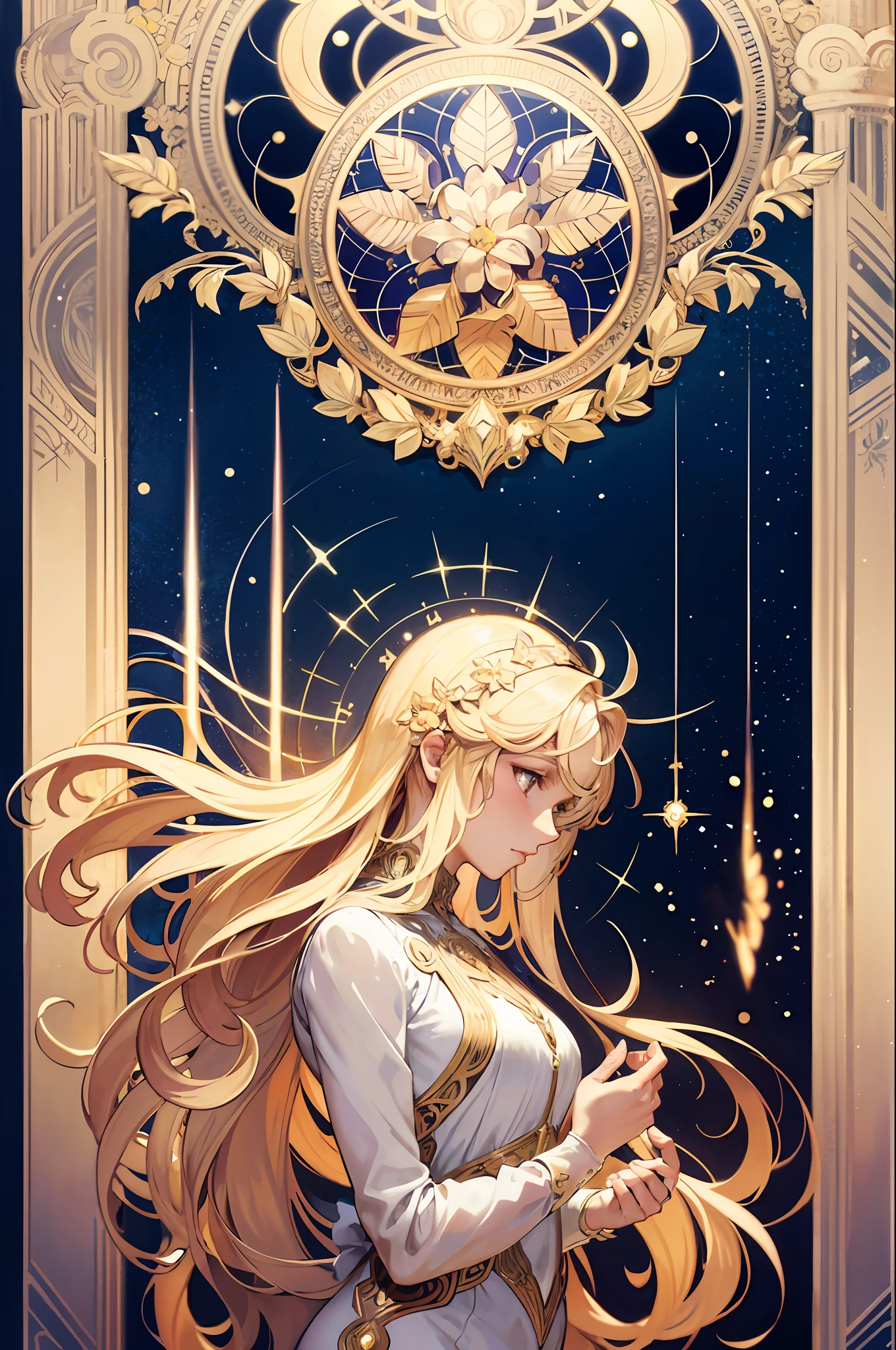 European woman face portrait, long curly, blonde, celestial, angel wings, angel, light, fireflies, flower frame, decorative panel, abstract art, by Alphonse Mucha (masterpiece, highest quality, high resolution: 1.4), detailed, intricate details, 4K, color splash, line art, Fibonacci,