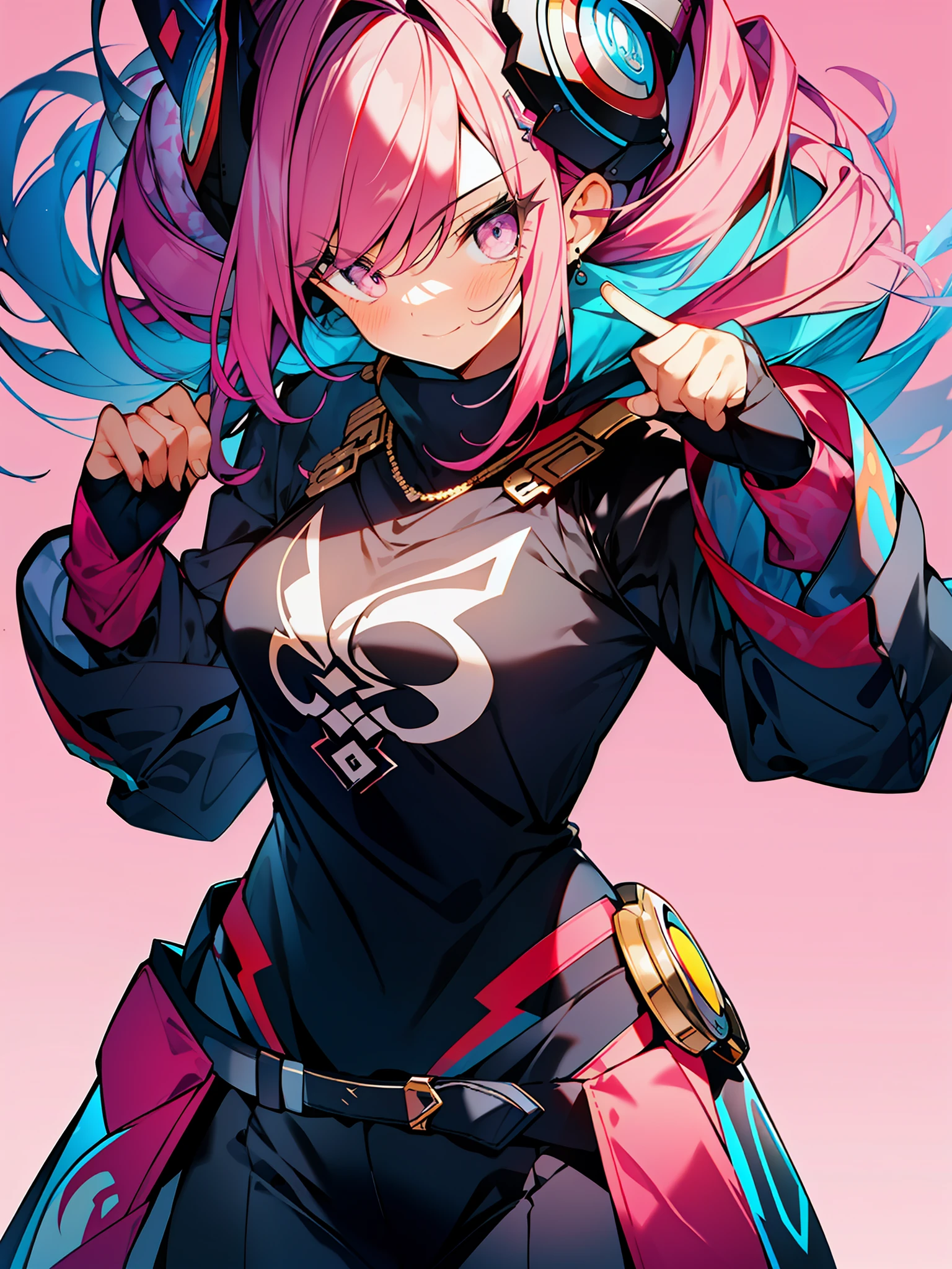 3girls, excellent lighting, sidelighting, (curvy: 1.2), vhsKeeper, background, mixed-language_text, Japanese graffiti letters, GUILTY GEAR -STRIVE style perfect(flat color: 1.3), (magazine_cover: 1.4), (multicolored_background: 1.3), striped_background, card_background, :: comix style by joe madureira :: , perfect and detailed, ultra detailed shirt with abstract design, with Japanese graffit print on the sides of the dress, image of full-body women fighting alongside you with powerful dragons versus tentacle-filled alien creature, with immersive effects, hover effect, background graffiti style tribal tattoo with vibrant colors "ultra hdr" detailed and with focus effect, (masterpiece: 1.2, best quality), (beautiful eyes finely detailed: 1.2), , ((Solo)), (Pink eyes degrade:1.4), (Finely detailed eyes and detailed face with long eyelashes:1.3), in various full-body attack poses, (cute background: 1.2),futuristic costume, super detailed circular metals Clinging to the arms and pants, fantastic paintings