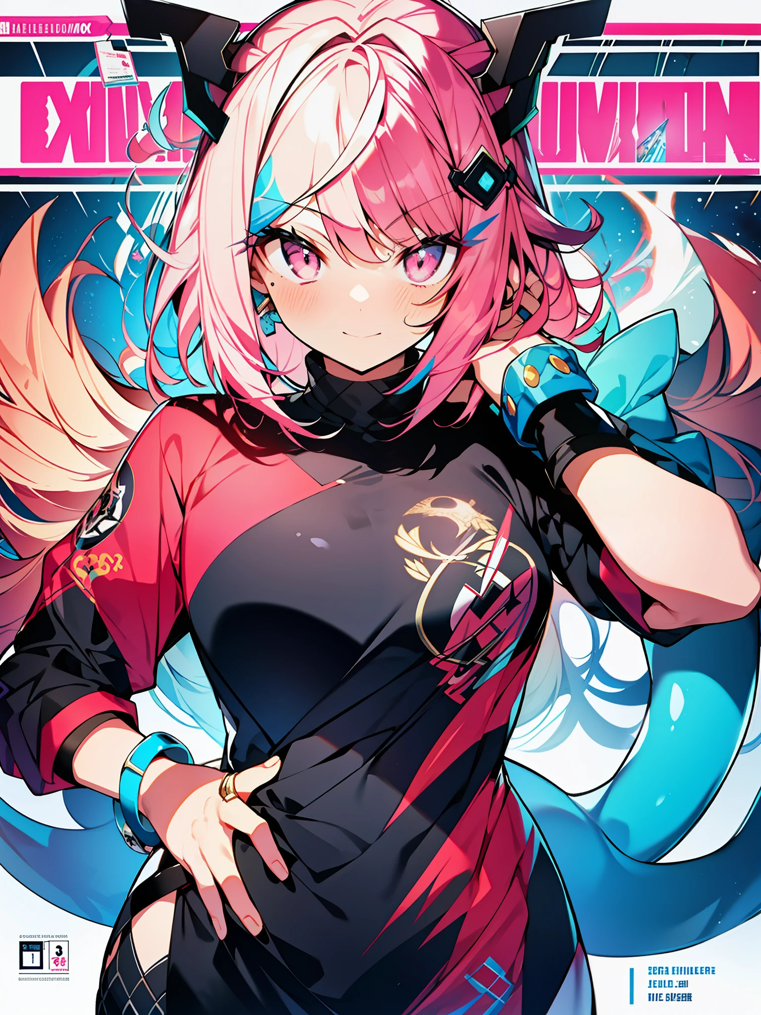 3girls, excellent lighting, sidelighting, (curvy: 1.2), vhsKeeper, background, mixed-language_text, Japanese graffiti letters, GUILTY GEAR -STRIVE style perfect(flat color: 1.3), (magazine_cover: 1.4), (multicolored_background: 1.3), striped_background, card_background, :: comix style by joe madureira :: , perfect and detailed, ultra detailed shirt with abstract design, with Japanese graffit print on the sides of the dress, image of full-body women fighting alongside you with powerful dragons versus tentacle-filled alien creature, with immersive effects, hover effect, background graffiti style tribal tattoo with vibrant colors "ultra hdr" detailed and with focus effect, (masterpiece: 1.2, best quality), (beautiful eyes finely detailed: 1.2), , ((Solo)), (Pink eyes degrade:1.4), (Finely detailed eyes and detailed face with long eyelashes:1.3), in various full-body attack poses, (cute background: 1.2),futuristic costume, super detailed circular metals Clinging to the arms and pants, fantastic paintings