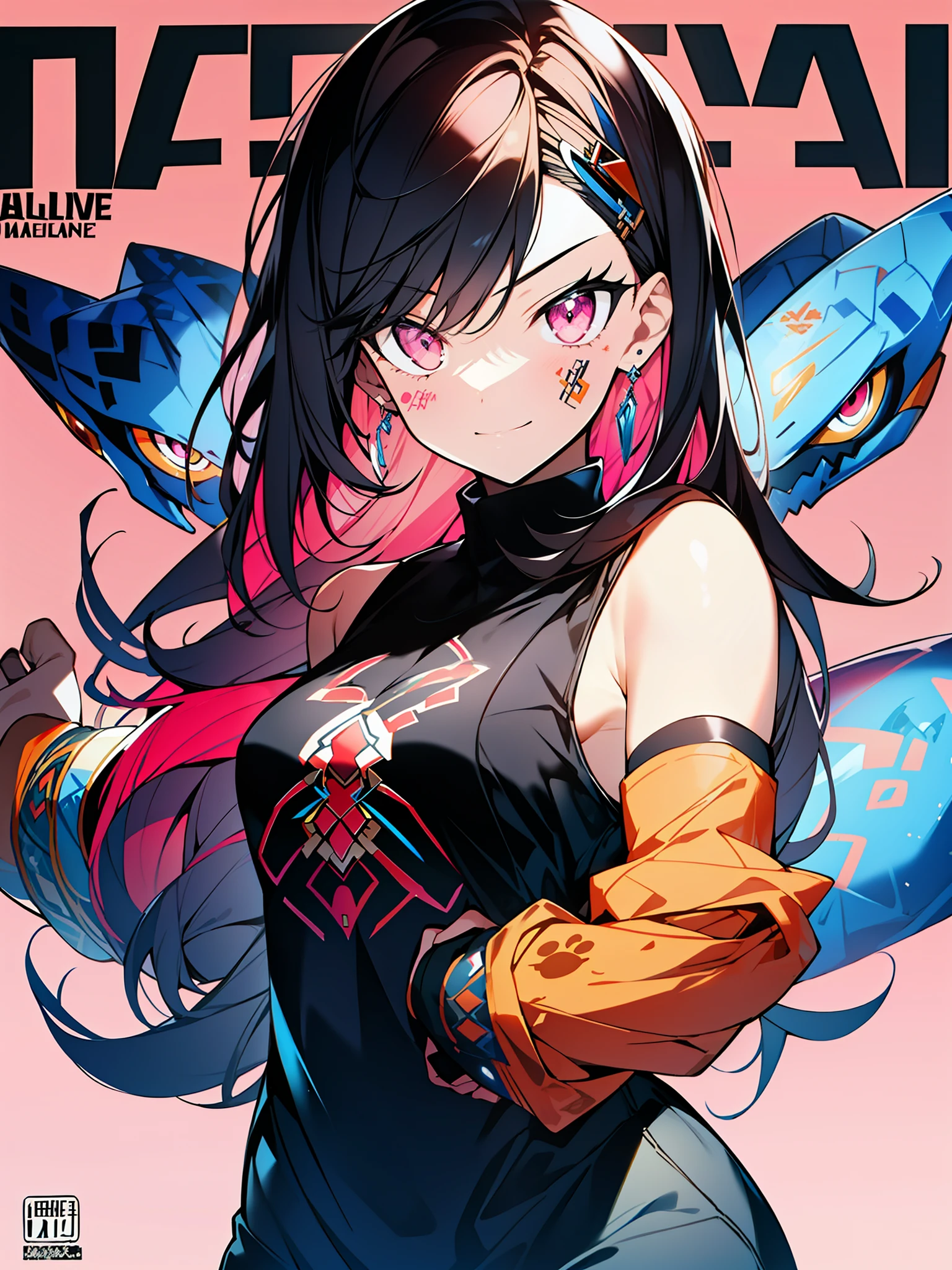 3girls, excellent lighting, sidelighting, (curvy: 1.2), vhsKeeper, background, mixed-language_text, Japanese graffiti letters, GUILTY GEAR -STRIVE style perfect(flat color: 1.3), (magazine_cover: 1.4), (multicolored_background: 1.3), striped_background, card_background, :: comix style by joe madureira :: , perfect and detailed, ultra detailed shirt with abstract design, with Japanese graffit print on the sides of the dress,  image of full-body women fighting alongside you with powerful dragons versus tentacle-filled alien creature, with immersive effects, hover effect, background graffiti style tribal tattoo with vibrant colors "ultra hdr" detailed and with focus effect, (masterpiece: 1.2, best quality), (beautiful eyes finely detailed: 1.2), , ((Solo)), (Pink eyes degrade:1.4), (Finely detailed eyes and detailed face with long eyelashes:1.3),  in various full-body attack poses, (cute background: 1.2),futuristic costume, super detailed circular metals Clinging to the arms and pants, fantastic paintings