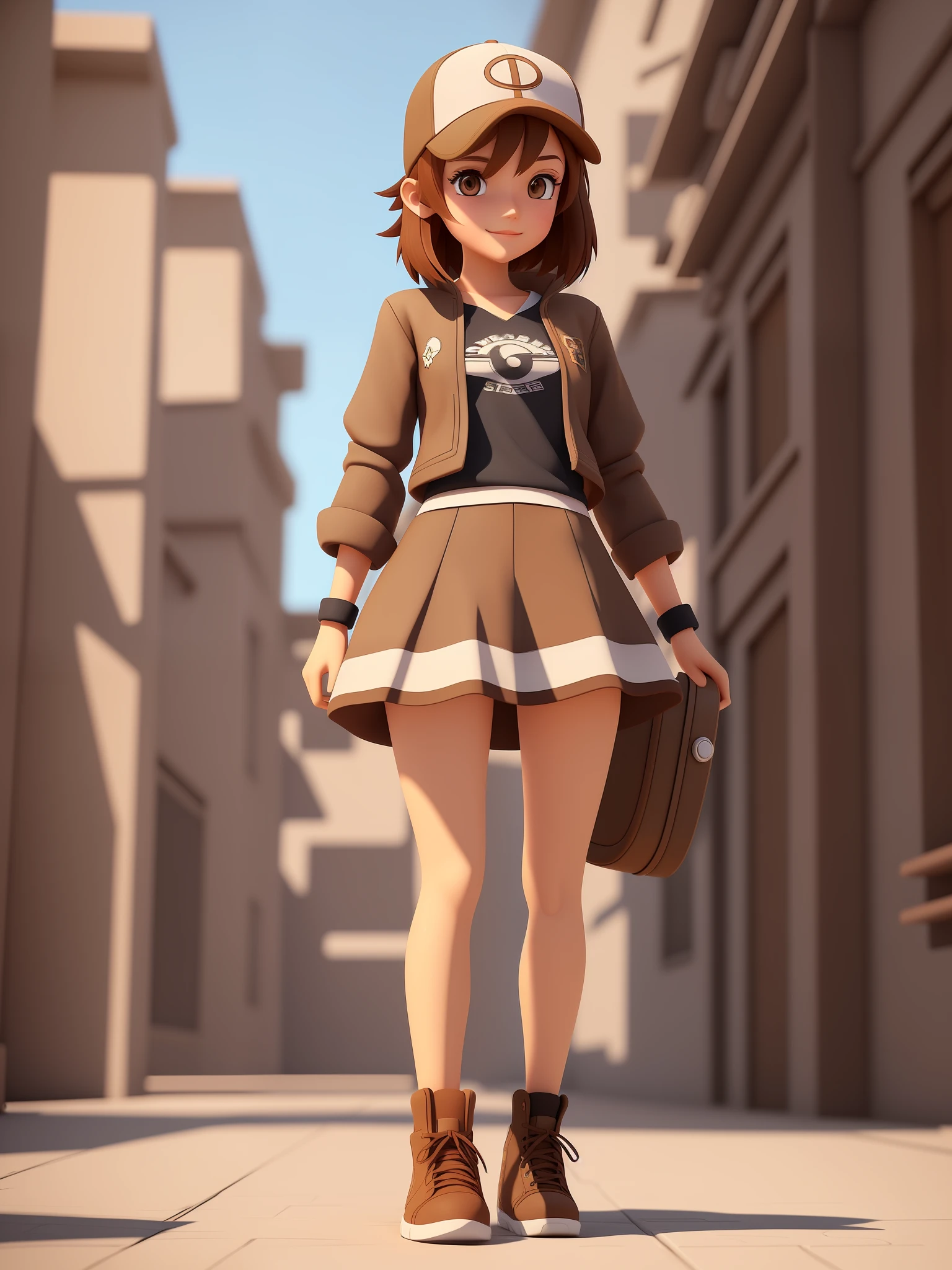  girl, a cartoon character wearing a light brown cap, (((brown eyes)))), stylized character, animation character, stylized 3d render, 3d character, highly detailed character, stylized anime, stylized 3d, render character, character model, full body