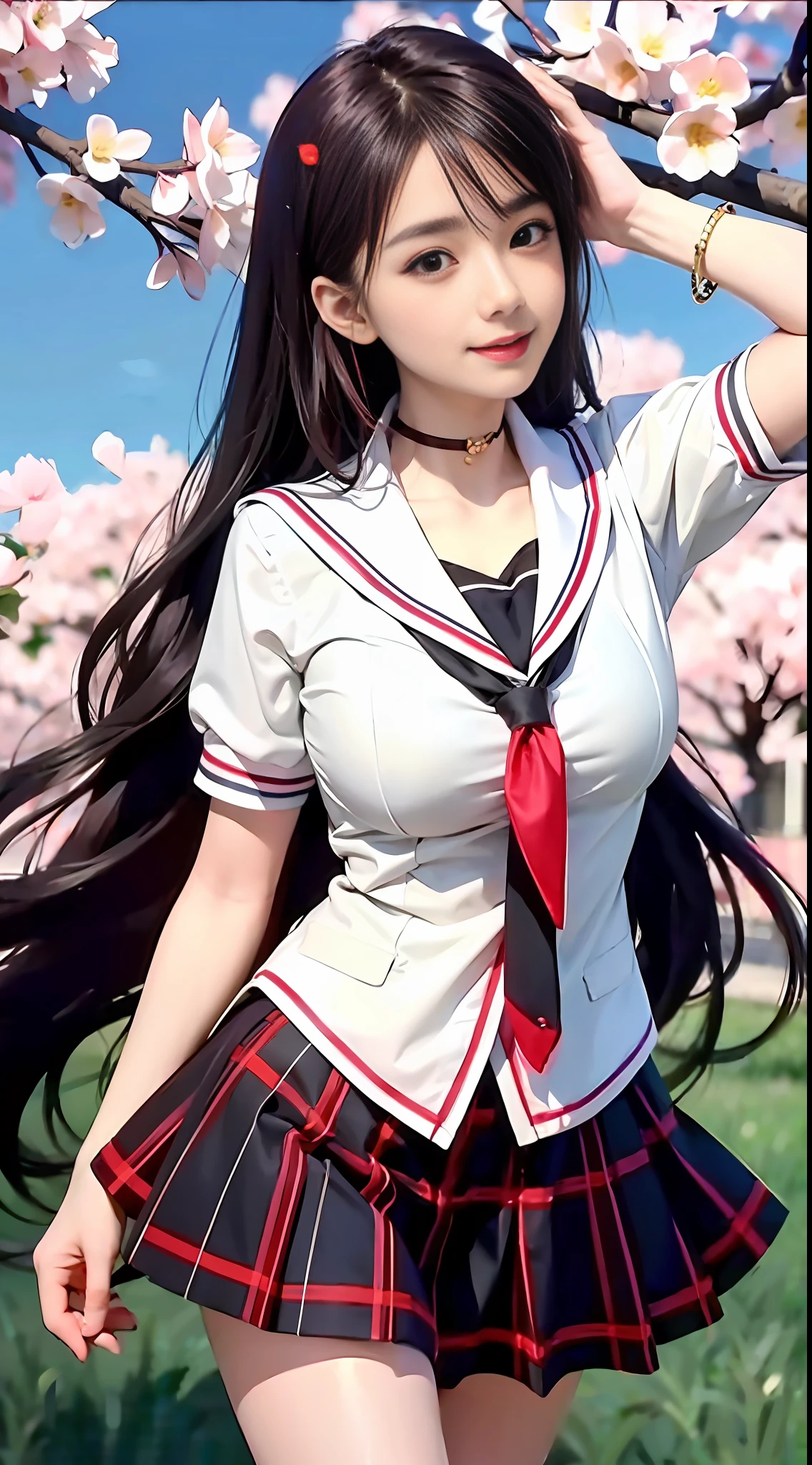 Masterpiece, Superb Piece, Full Body, 1Girl, Bangs, Red Choker, Red Tie, Blue Hair, Green Skirt, Blush, Bracelet, Beautiful Breast, Collared Shirt, Sailor Suit, Pierced Ears, Eyebrows Visible Through Hair, Gradient Hair, Grin, Gyaru, Jewelry, Kogal, Long Hair, Looking at the Audience, Loose Tie, Tie, Piercing, Sailor Skirt, Red Eyes, Ring, School Uniform, Smile, Solo, Street, Sky, Cherry Blossoms, Petals, Illustrations, (Magazine: 1.3), (Cover Style: 1.3), Fashion, Woman, Vitality, Dressing, Posing, Front, Colorful, Dynamic, Background, Element, Confident, Expressive, Holding, Statement, Attachment, Majestic, Coiled, Surround, Touch, Scene, Text, Cover, Bold, Eye-catching, Title, Fashion, Font, Catchy, Title, Bigger, Eye-catching, Modern, Fashionable, Focused