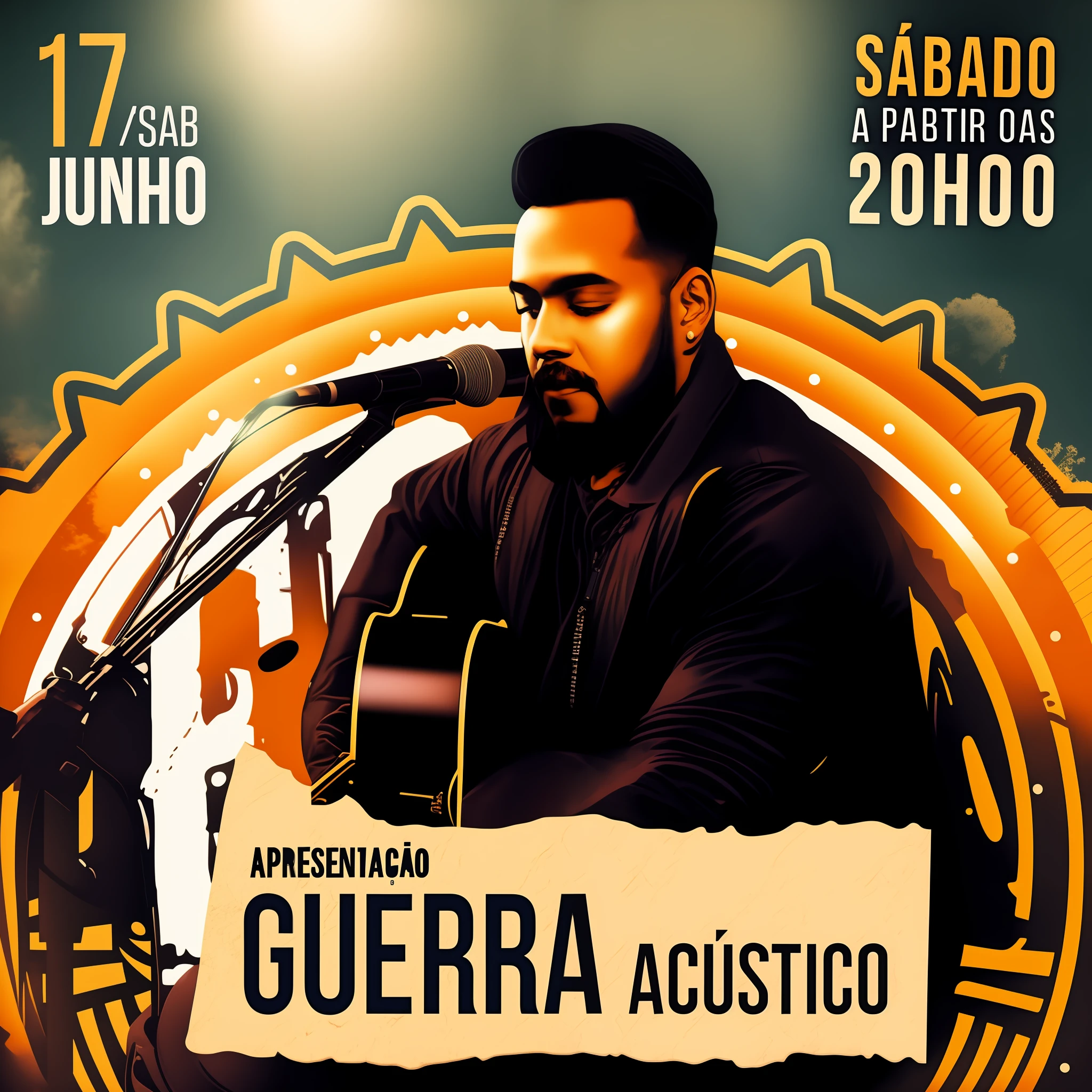 a closeup of a poster with a man holding a guitar, weekly schedule - no more than this week, musical concert, live show, music, manga tones, promo, ad image, monthly agenda, poster