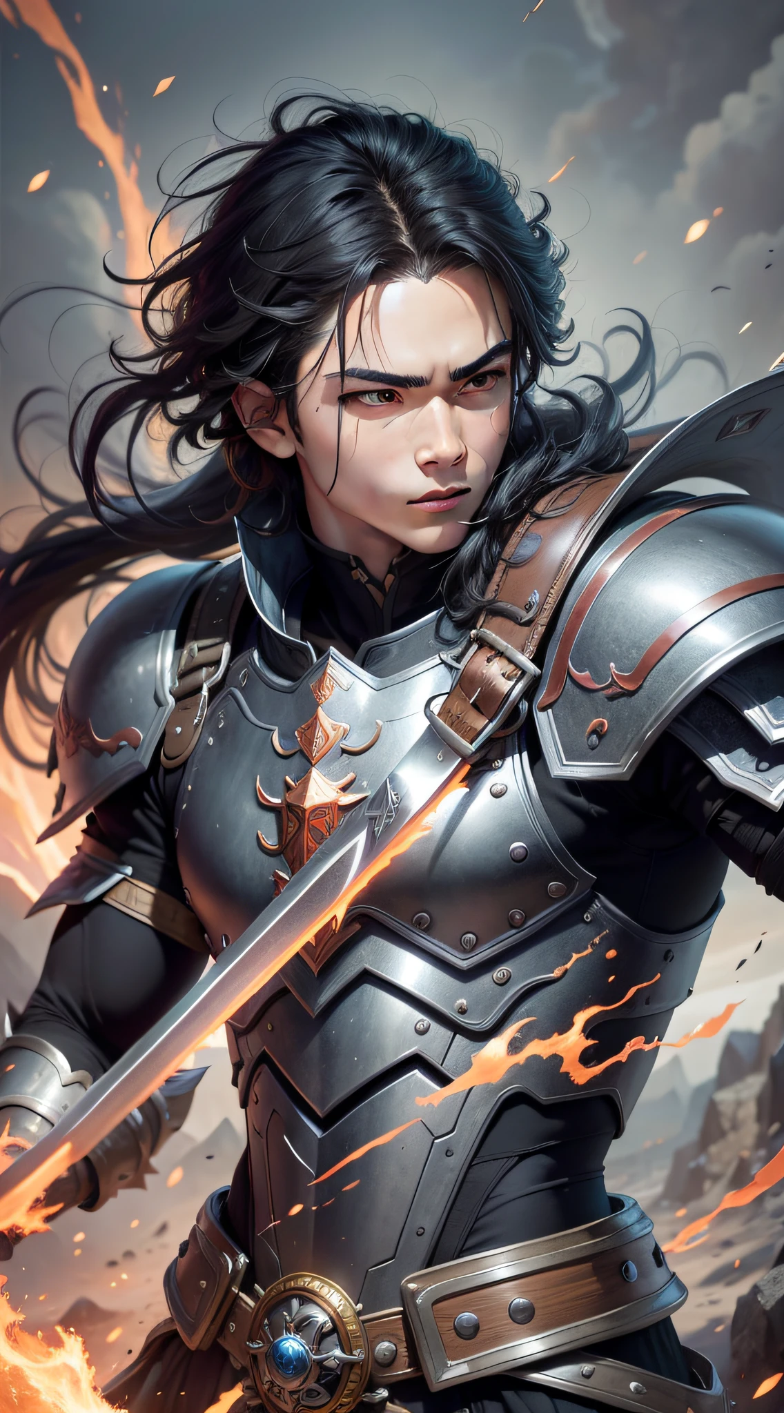 clousep of Young Warrior man 16 years old, black hair. wielding a fiery sword. Dragon in the background, high detail, Conceptual art, cinematic lighting, motion blur, drop shadow, Hasselblad, diffraction spikes, close-up, UHD, masterpiece, anatomically correct, textured skin, best quality, high quality, 1080P, 8k