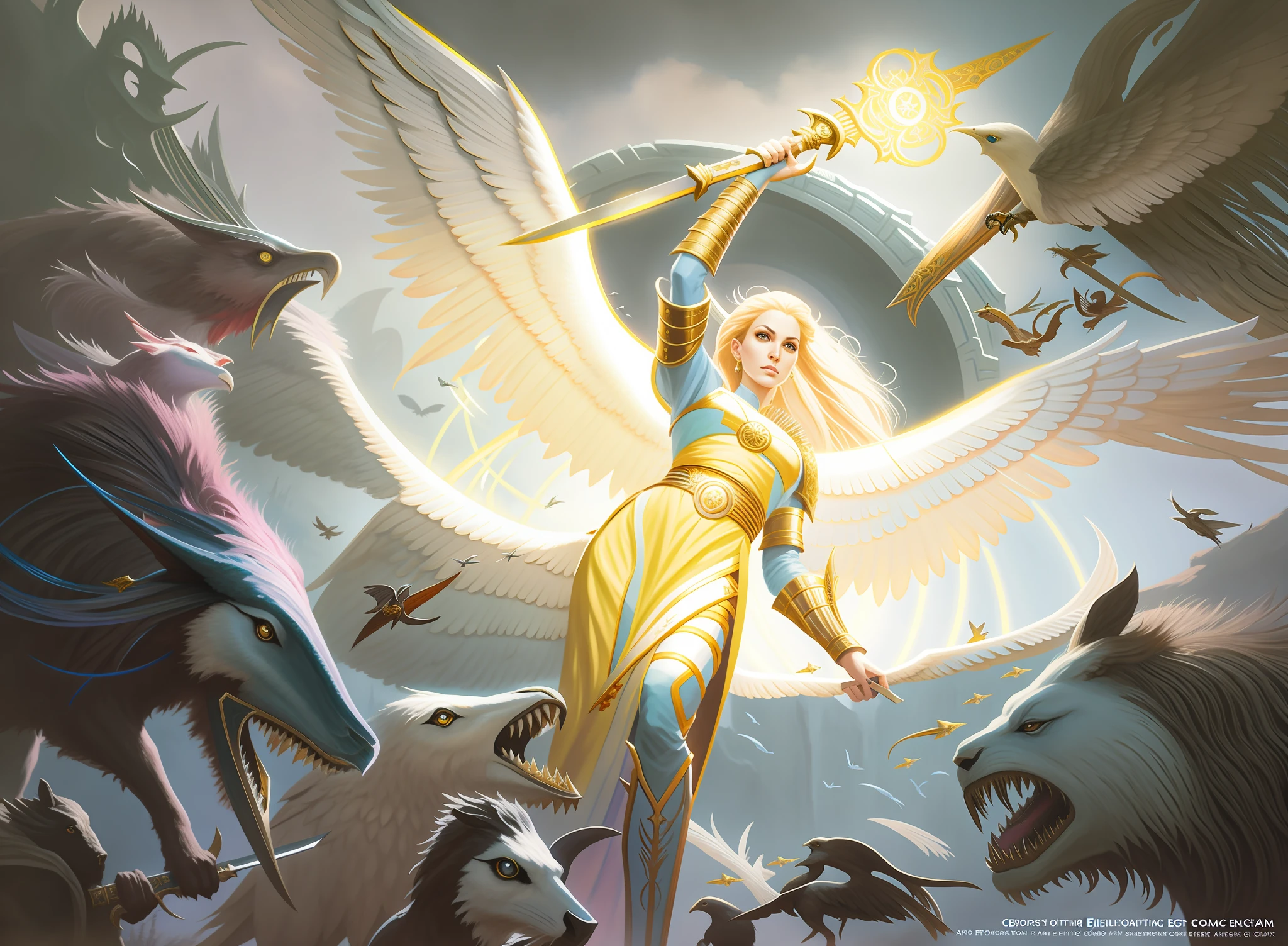 painting of a woman with a sword surrounded by animals, magic : the gathering art, magic the gathering art, magic the gathering card art, mtg art, magic the gathering concept art, magic the gathering artwork, award - winning epic painting, full art, artgerm julie bell beeple, from magic the gathering, epic fantasty card game art, super wide angel