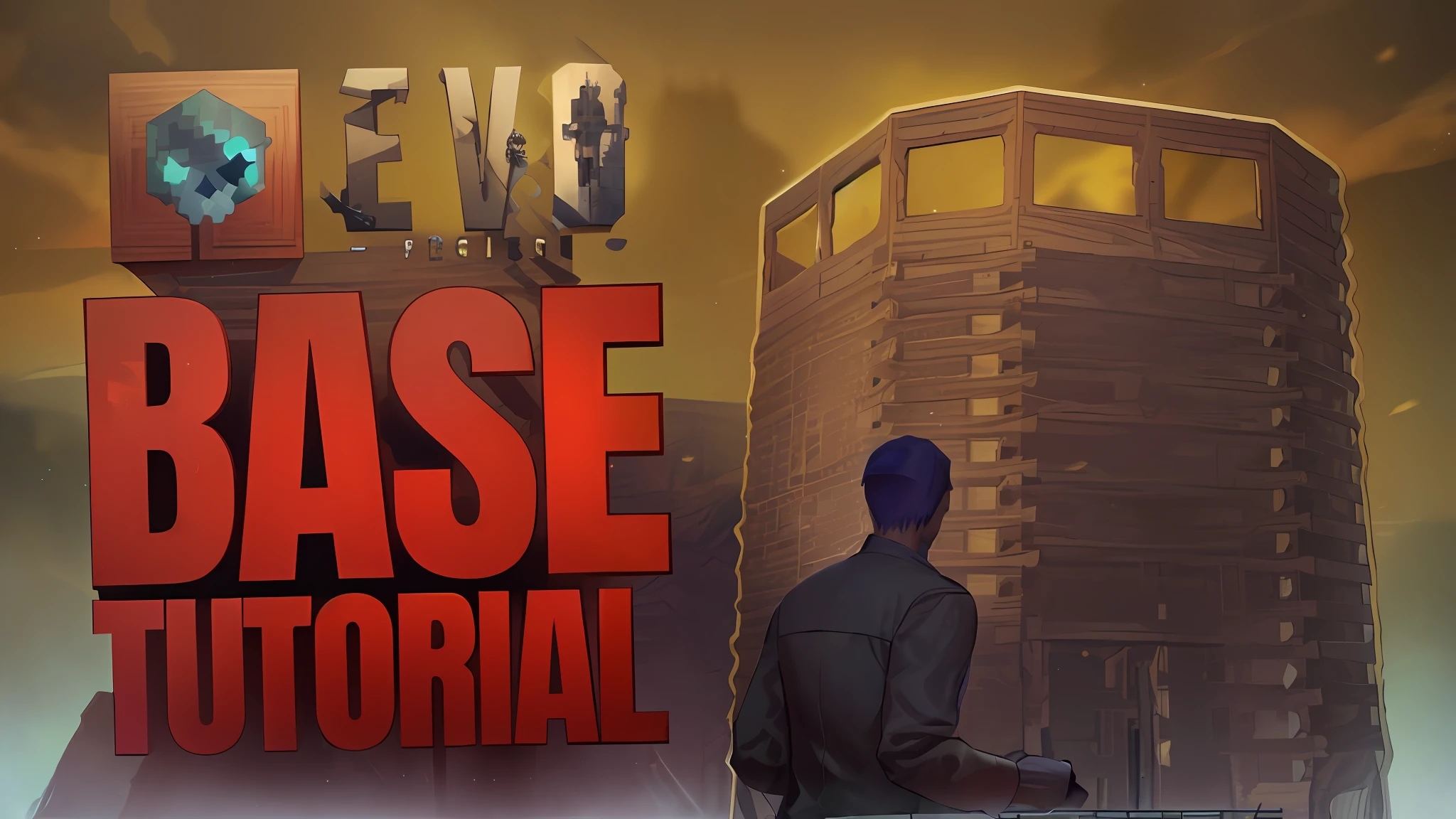 a man standing next to a tall tower with a skull on it, base, easy, tutorial, youtube thumbnail, easy to use, realism in style of fornite game, video, how-to, pose, mmo, minecraft watchtower builds, star base, unreal engine ”, unreal engine”, ark survival, photorealistic content, ark survival evolved, 3 6 0 head