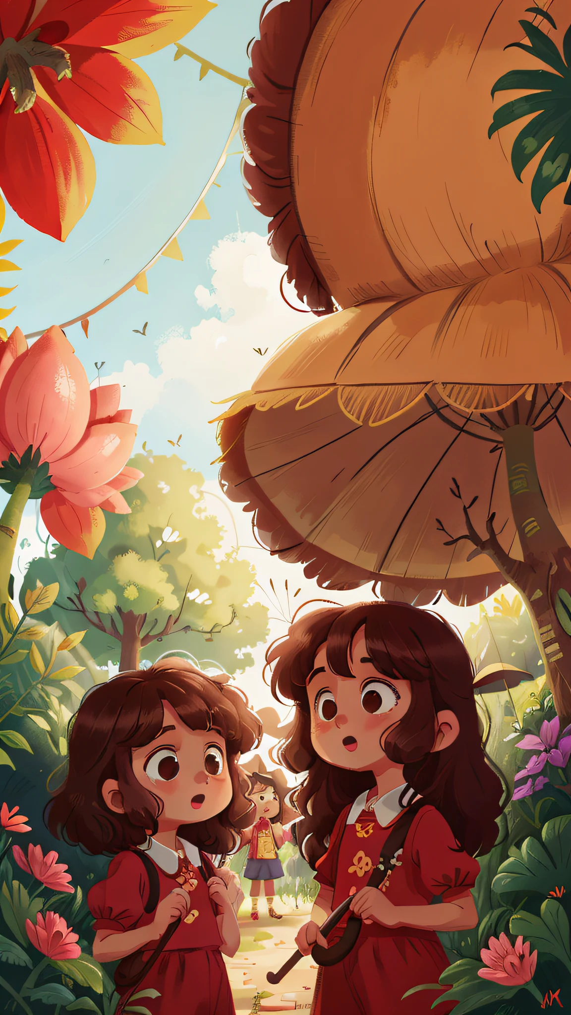 Two girls, twins, curly brown hair, both under the umbrella