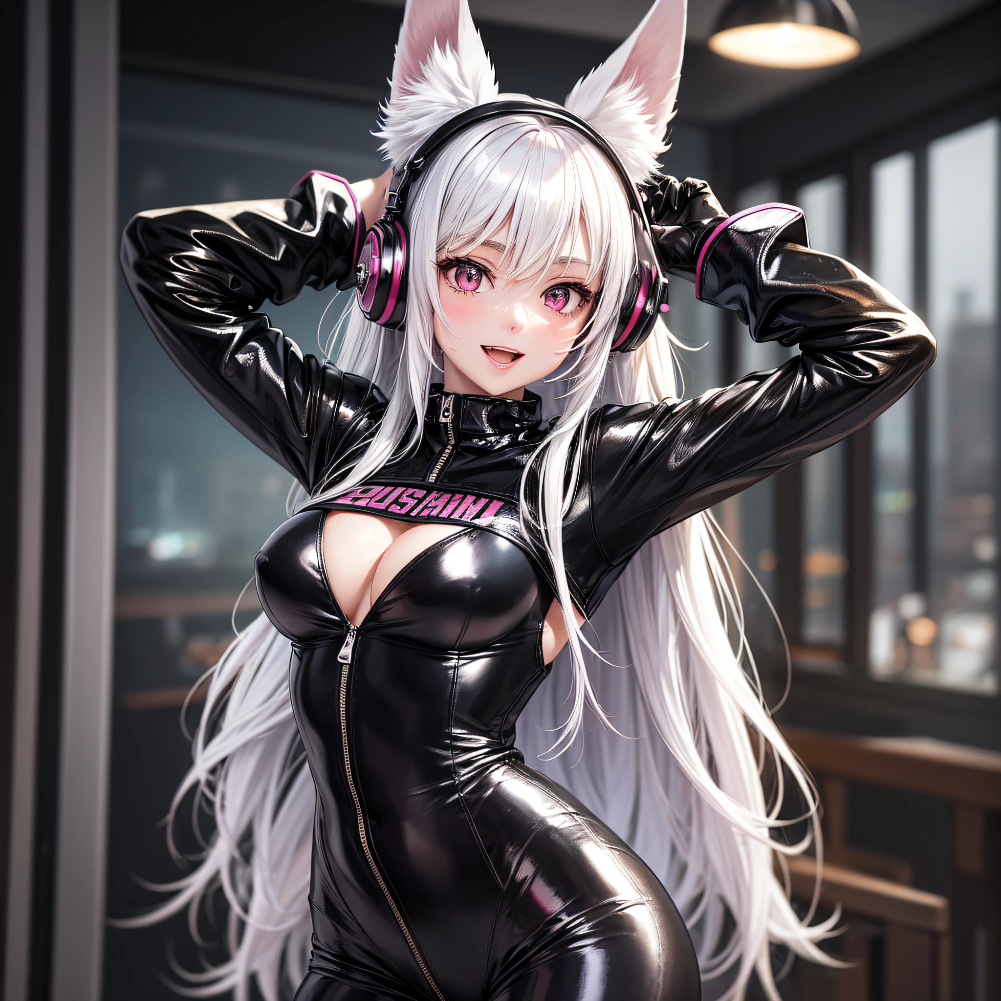 (RAW Photo, Best Quality, Masterpiece: 1.2), (Realistic, Photo Realistic: 1.4), (Masterpiece: 1.4), (Best Quality: 1.4), 1 Girl, Solo, :d, Animal Ear Headphones, Animal Ears, Arms Up, Bangs, Blush, Tights, Breasts, Rabbit Pose, Clothes Writing, Covering Belly Pollar, Denim Shot, Crop Jacket, Fake Animal Ears, Gloves, Outdoor, Morning, Snow, Hair Intake, Headphones, Impossible Tights, Impossible Clothes, Jacket, Room, Latex , latex tights, long hair, long sleeves, looking at the audience, room, multicolored gloves, open mouth, pink tights, pink eyes, red eyes, red jacket, shiny clothes, shrugged\(clothes\), sideburns, skin tightness, smile, thigh gaps, thighs, double tails, very long hair, white gloves, white hair, alice \ (nikke\), (shiny skin), reality,