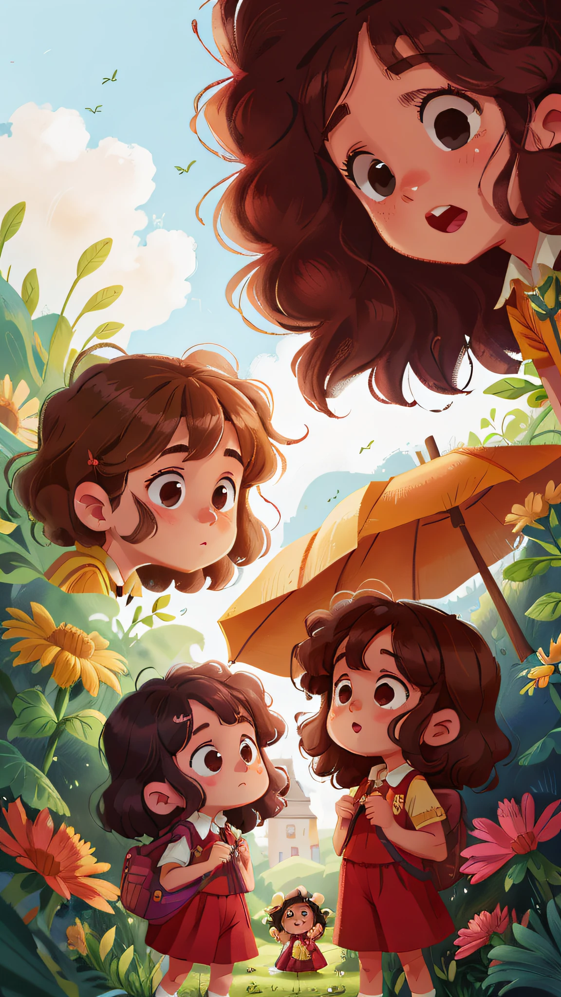 Two girls, twins, curly brown hair, both under the umbrella