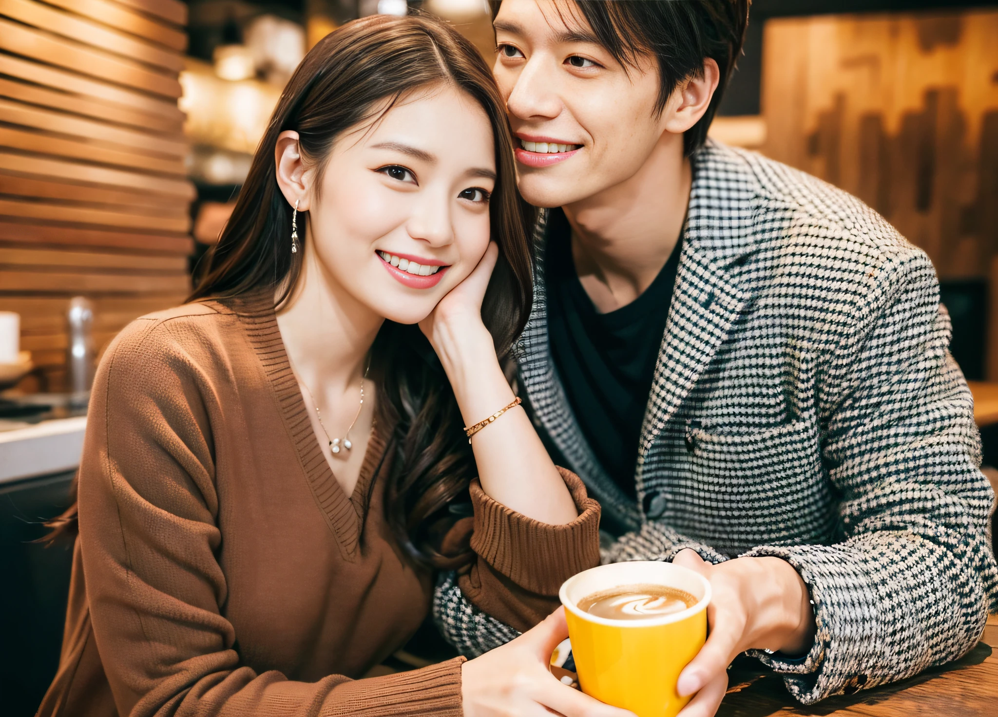 A stylish man and a woman are smiling and conversing in a modern café in Shibuya, Tokyo. The setting has a modern and trendy touch. The couple sits at a contemporary artistic wooden table with one hot coffee and one iced coffee on top. The lighting is soft and warm, creating a cozy atmosphere. The color palette is a combination of rustic tones and bright pops of colors from the décor of the café and the fashionable outfits of the couple. Captured with the Canon EOS R5 with an RF 50mm f/1.2 L USM lens, it ensures high-resolution, ultra-high-definition images. The composition is a medium shot, perfectly harmonizing the couple and their surroundings. masterpiece, best quality, ultra detailed, highres, high-resolution, 8k portrait, unity 8k wallpaper, realistic , RAW photo, real person, portrait photography, photorealistic, shiny skin, detailed skin, well-formed five-fingered hands,