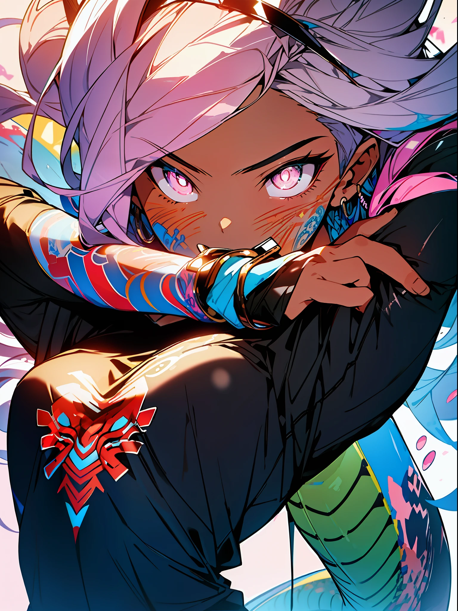 excellent lighting, sidelighting, (curvy: 1.2), vhsKeeper, background, mixed-language_text, Japanese graffiti lettering, GUILTY GEAR -STRIVE style perfect(flat color: 1.3), (magazine_cover: 1.4), (multicolored_background: 1.3), striped_background, card_background, :: comix style by joe madureira :: , perfect and detailed, ultra detailed shirt with abstract design, with Japanese graffit letter print on the sides of the dress, image of full-body women fighting alongside you with powerful dragons versus tentacle-filled alien creature, with immersive effects, hover effect, background graffiti style tribal tattoo with vibrant colors "ultra hdr" detailed and with focus effect, (masterpiece: 1.2, best quality), (beautiful eyes finely detailed: 1.2), , ((Solo)), (Pink eyes degrade:1.4), (Finely detailed eyes and detailed face with very long eyelashes:1.3), in various full-body attack poses, (beautiful and clear background: 1.2),futuristic costume, super detailed circular metals Clinging to the arms and pants, fantastic paintings