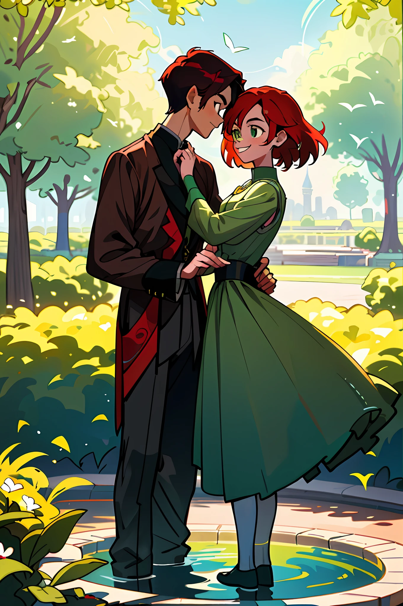 (best quality, masterpiece), (1boy with  hair half green, half brown, 1girl, face-to-face:1.1),In a charming square, we meet a couple of teenagers. The boy, a little taller than his girlfriend, stands out with his short, straight hair, which is a true work of art. Half of it is dyed a vibrant green, while the other half is a rich brown, creating a unique and bold contrast. His eyes sparkle with enthusiasm and his smile is infectious.

Embracing him is his girlfriend, with stunning red hair that falls gracefully over his shoulders. Her red hairs are a display of liveliness and her appearance is accentuated by the round prescription glasses she wears, adding a touch of intellectuality and charm to her look.

Both are dressed in elegant green clothes, which perfectly match the environment around them. The golden details on her clothes add an extra shine and a touch of sophistication. They emanate youth and energy, radiating happiness while enjoying each other's company.

The square they are in is a haven of tranquility and beauty. Colorful flowers adorn the flowerbeds and perfume the air with their sweet fragrances. Wooden benches are strategically positioned around the square, inviting couples in love to enjoy moments of tenderness and connection.

A central fountain spreads crystal clear water at a gentle pace, providing a serene soundtrack to the couple's encounter. The tall, leafy trees offer shade and a sense of intimacy, while birds sing harmonious melodies, adding a touch of serenity to the environment.

The sun shines softly, illuminating the couple's face and creating a special sparkle in their eyes. Together, they share a moment of complicity and love, enjoying the peace and beauty of the square and each other's presence.

In this charming setting, the couple conveys an image of youth, joy and connection, demonstrating the power of love in the midst of an environment of tranquility