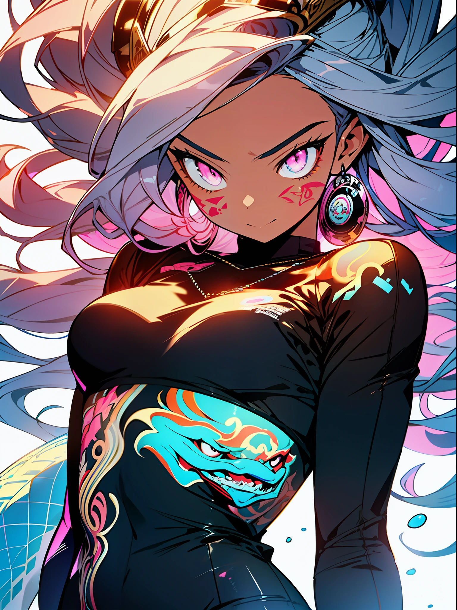 excellent lighting, sidelighting, (curvy: 1.2), vhsKeeper, background, mixed-language_text, Japanese graffiti lettering, GUILTY GEAR -STRIVE style perfect(flat color: 1.3), (magazine_cover: 1.4), (multicolored_background: 1.3), striped_background, card_background, :: comix style by joe madureira :: , perfect and detailed, ultra detailed shirt with abstract design, with Japanese graffit letter print on the sides of the dress, image of full-body women fighting alongside you with powerful dragons versus tentacle-filled alien creature, with immersive effects, hover effect, background graffiti style tribal tattoo with vibrant colors "ultra hdr" detailed and with focus effect, (masterpiece: 1.2, best quality), (beautiful eyes finely detailed: 1.2), , ((Solo)), (Pink eyes degrade:1.4), (Finely detailed eyes and detailed face with very long eyelashes:1.3), in various full-body attack poses, (beautiful and clear background: 1.2),futuristic costume, super detailed circular metals Clinging to the arms and pants, fantastic paintings