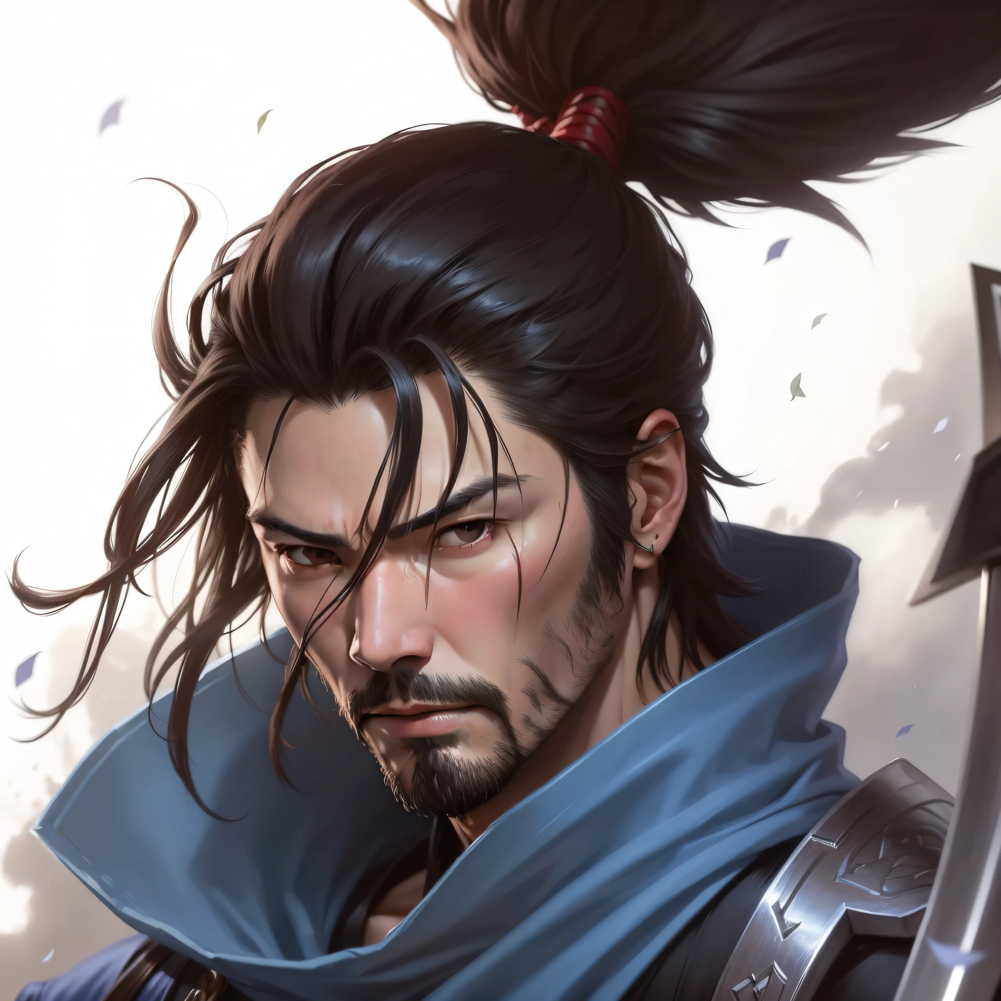 Keanu Reeves, Yasuo, League of Legends, Keanu Reeves as Yasuo, realistic, samurai sword, wind, dark hair, hair stuck --auto --s2