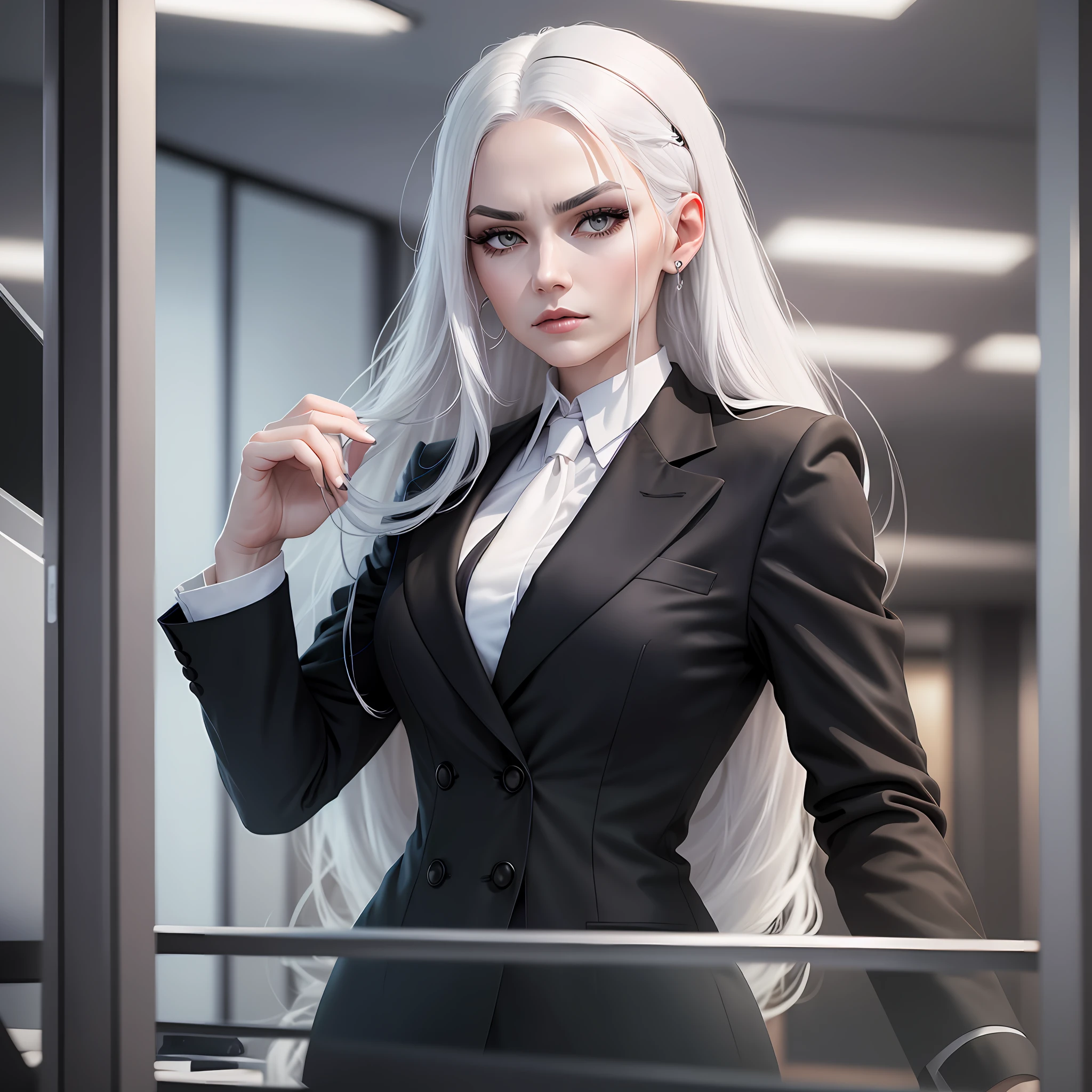 Woman with white hair, black executive dress, looking forward, long hair, serious look, black eyes, white eyeshadow, inside an office.
