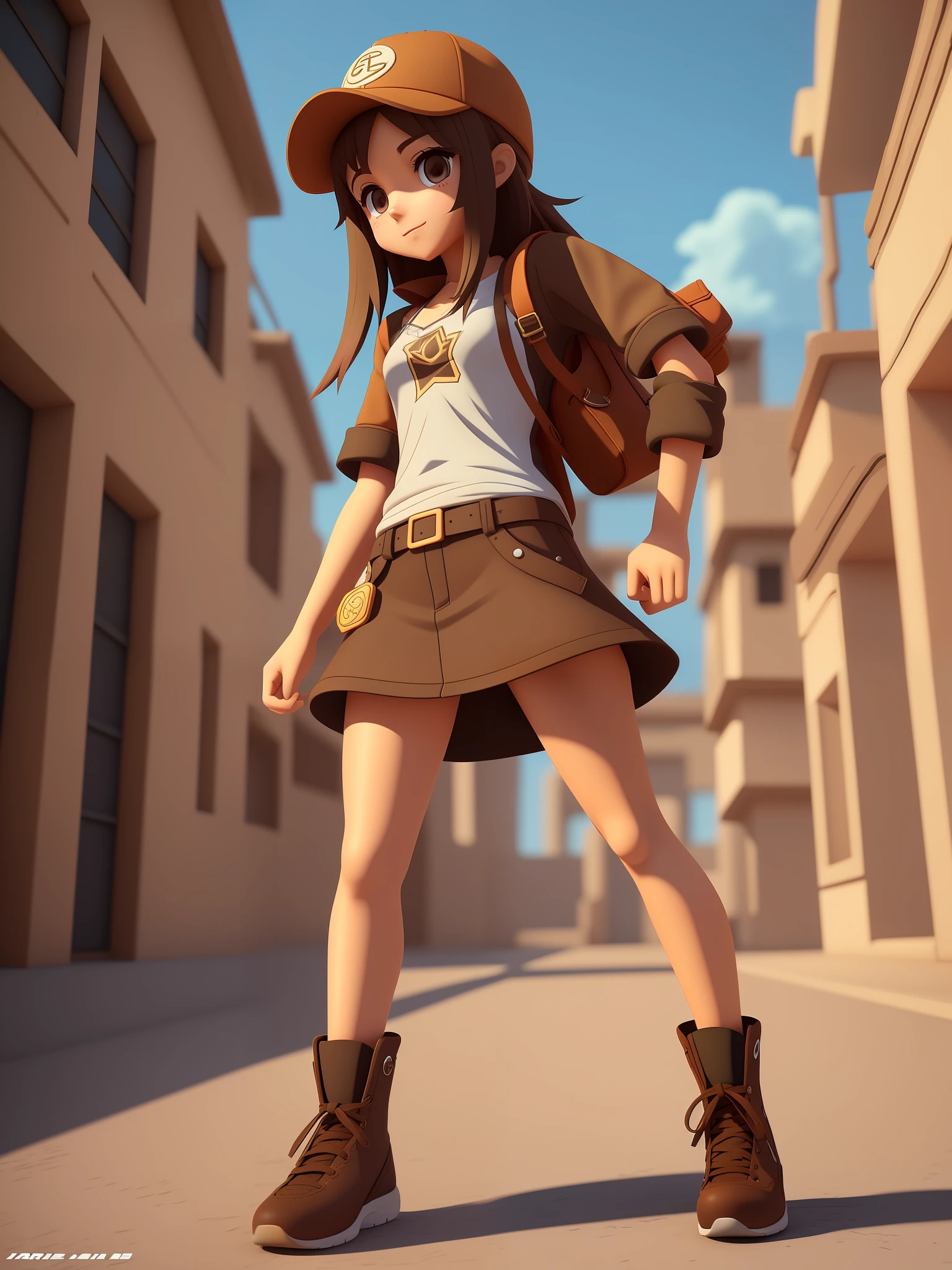  girl, a cartoon character wearing a light brown cap, (((brown eyes)))), stylized character, animation character, stylized 3d render, 3d character, highly detailed character, stylized anime, stylized 3d, render character, character model, full body