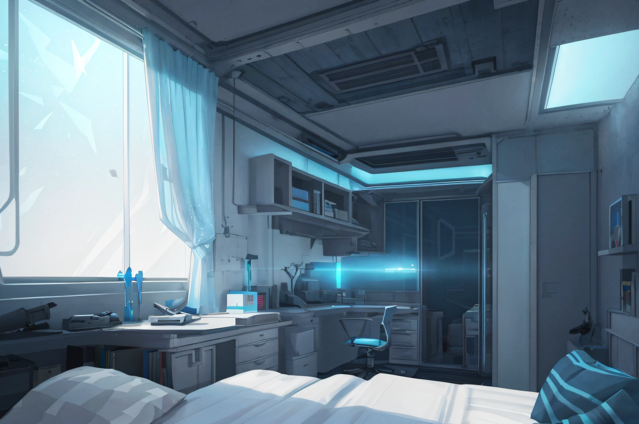 Gorgeous sci-fi matte painting for the bedroom of John Harris, Sparta and Greg Rutkowski. Sharp edges, Tiffany blue, dark gray, gray-blue, white.. A sci-fi bedroom on a space base, outside the windows of the future Cyberpunk cityscape, the lighting effect. Ultra-clear detailed, 3D, octane 8K rendering