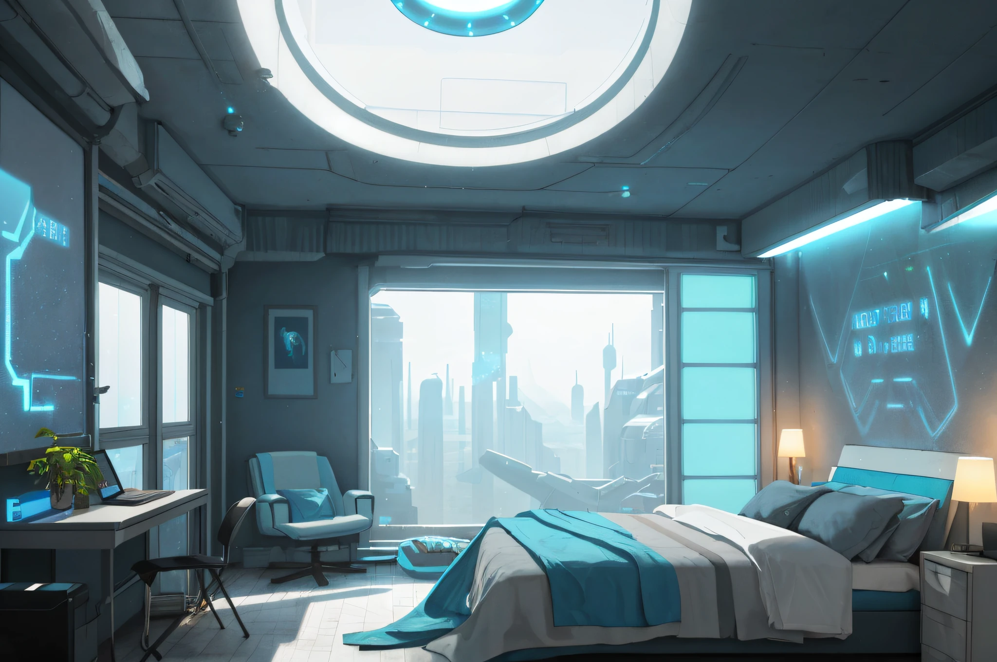 Gorgeous sci-fi matte painting for the bedroom of John Harris, Sparta and Greg Rutkowski. Sharp edges, Tiffany blue, dark gray, gray-blue, white.. A sci-fi bedroom on a space base, outside the windows of the future Cyberpunk cityscape, the lighting effect. Ultra-clear detailed, 3D, octane 8K rendering