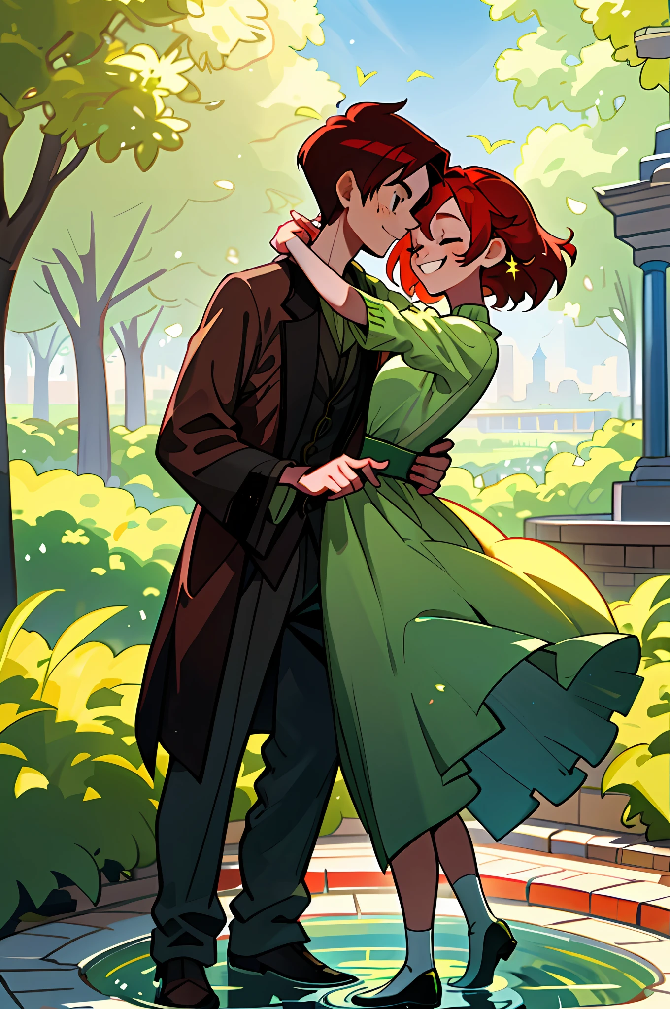 (best quality, masterpiece), (1boy with  hair half green, half brown, 1girl, face-to-face:1.1),In a charming square, we meet a couple of teenagers. The boy, a little taller than his girlfriend, stands out with his short, straight hair, which is a true work of art. Half of it is dyed a vibrant green, while the other half is a rich brown, creating a unique and bold contrast. His eyes sparkle with enthusiasm and his smile is infectious.

Embracing him is his girlfriend, with stunning red hair that falls gracefully over his shoulders. Her red hairs are a display of liveliness and her appearance is accentuated by the round prescription glasses she wears, adding a touch of intellectuality and charm to her look.

Both are dressed in elegant green clothes, which perfectly match the environment around them. The golden details on her clothes add an extra shine and a touch of sophistication. They emanate youth and energy, radiating happiness while enjoying each other's company.

The square they are in is a haven of tranquility and beauty. Colorful flowers adorn the flowerbeds and perfume the air with their sweet fragrances. Wooden benches are strategically positioned around the square, inviting couples in love to enjoy moments of tenderness and connection.

A central fountain spreads crystal clear water at a gentle pace, providing a serene soundtrack to the couple's encounter. The tall, leafy trees offer shade and a sense of intimacy, while birds sing harmonious melodies, adding a touch of serenity to the environment.

The sun shines softly, illuminating the couple's face and creating a special sparkle in their eyes. Together, they share a moment of complicity and love, enjoying the peace and beauty of the square and each other's presence.

In this charming setting, the couple conveys an image of youth, joy and connection, demonstrating the power of love in the midst of an environment of tranquility