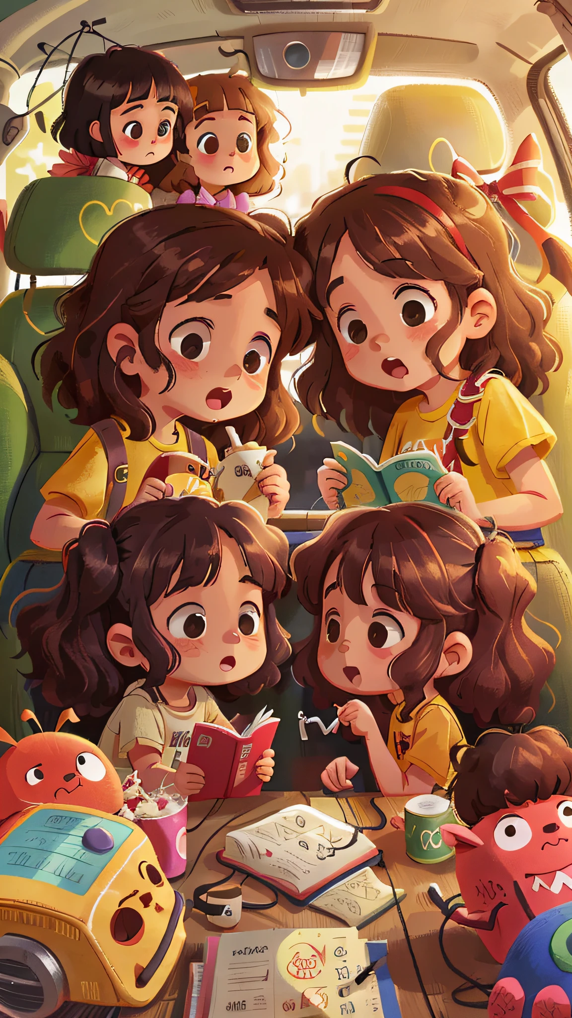 Two girls, twins, curly brown hair, in a car