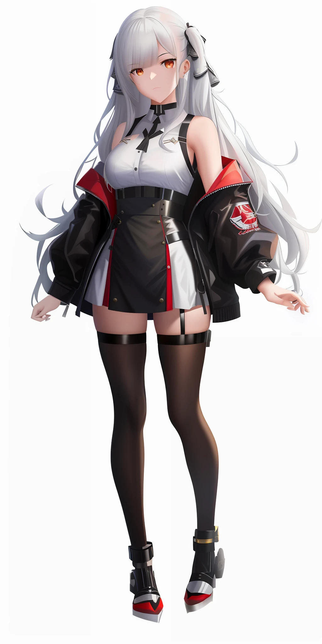 a woman in a short skirt and black jacket posing, azur lane style, from the azur lane videogame, from girls frontline, characters from azur lane, fine details. girls frontline, girls frontline style, girls frontline cg, tifa lockhart with white hair, render of april, from arknights, kantai collection style, girls frontline universe